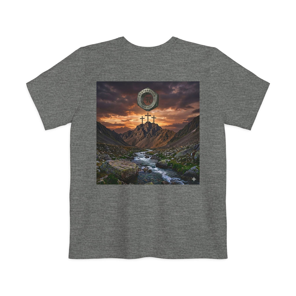 Christian Cross Pocket T-Shirt — Three Crosses Scenic Back Print