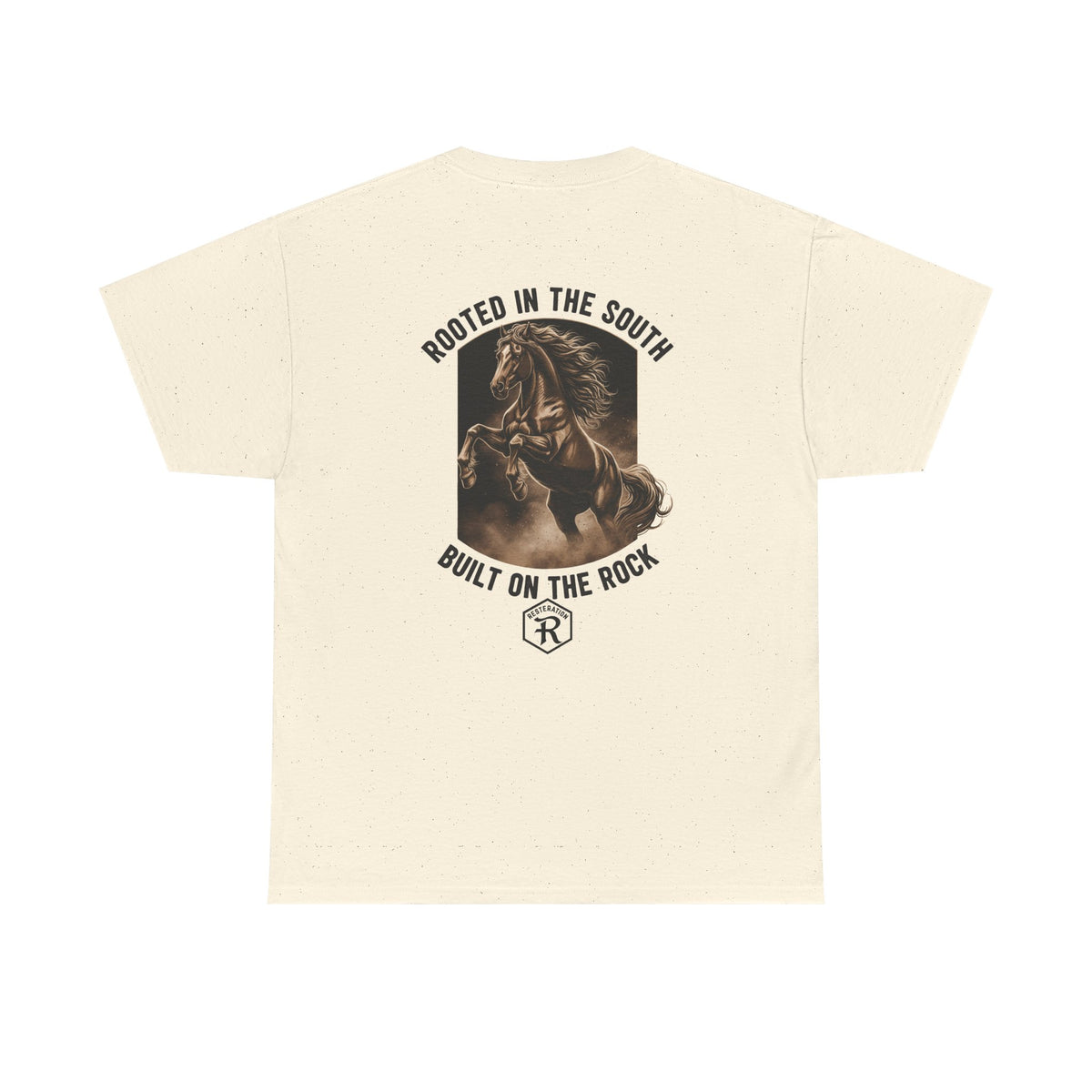 RESTERATION Tee — 'Rooted in the South, Built on the Rock' | Back Print Horse Graphic Shirt - Resteration