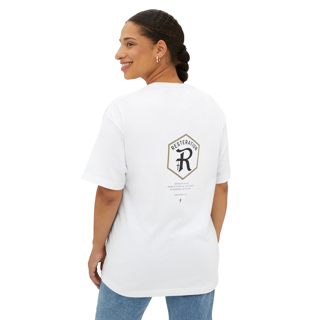 RESTERATION Oversized Boxy Tee — Colossians 3:23 Scripture Back Print - RESTERATION