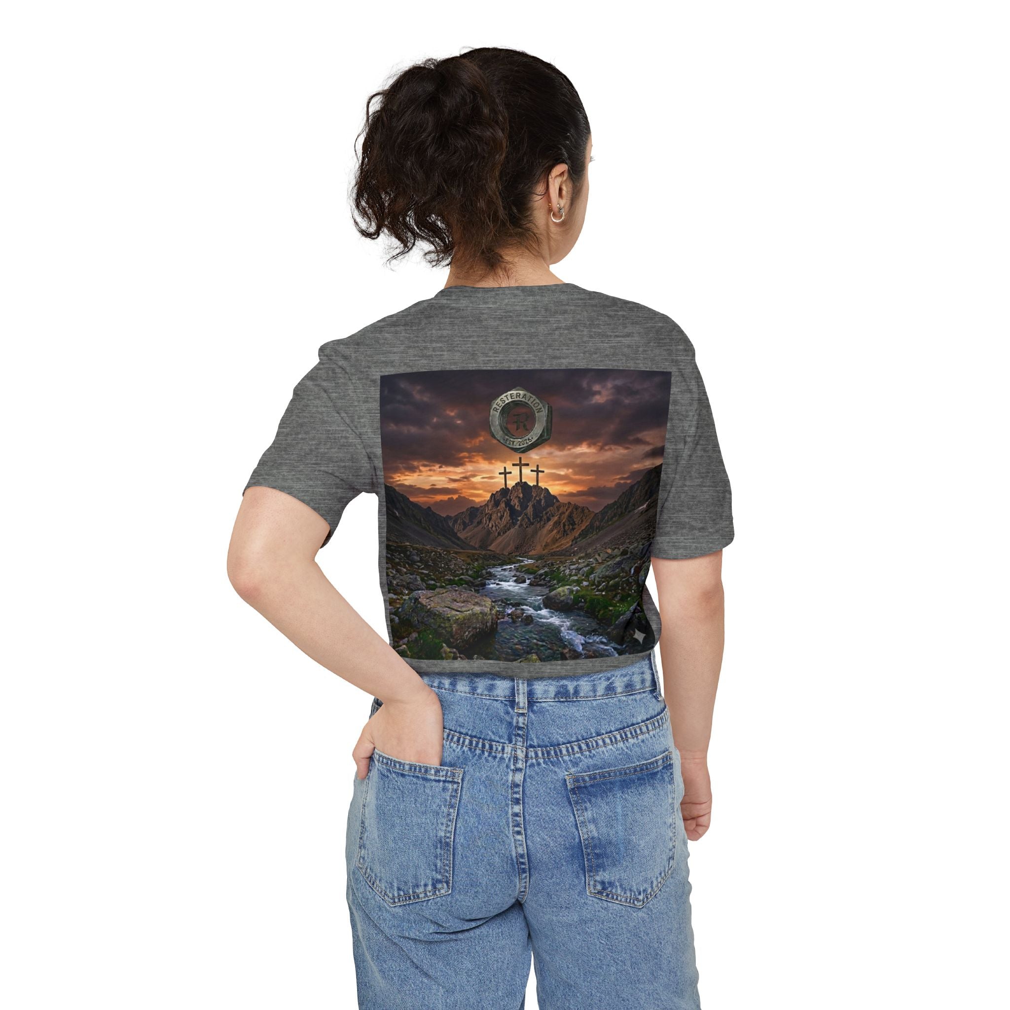 Christian Cross Pocket T-Shirt — Three Crosses Scenic Back Print