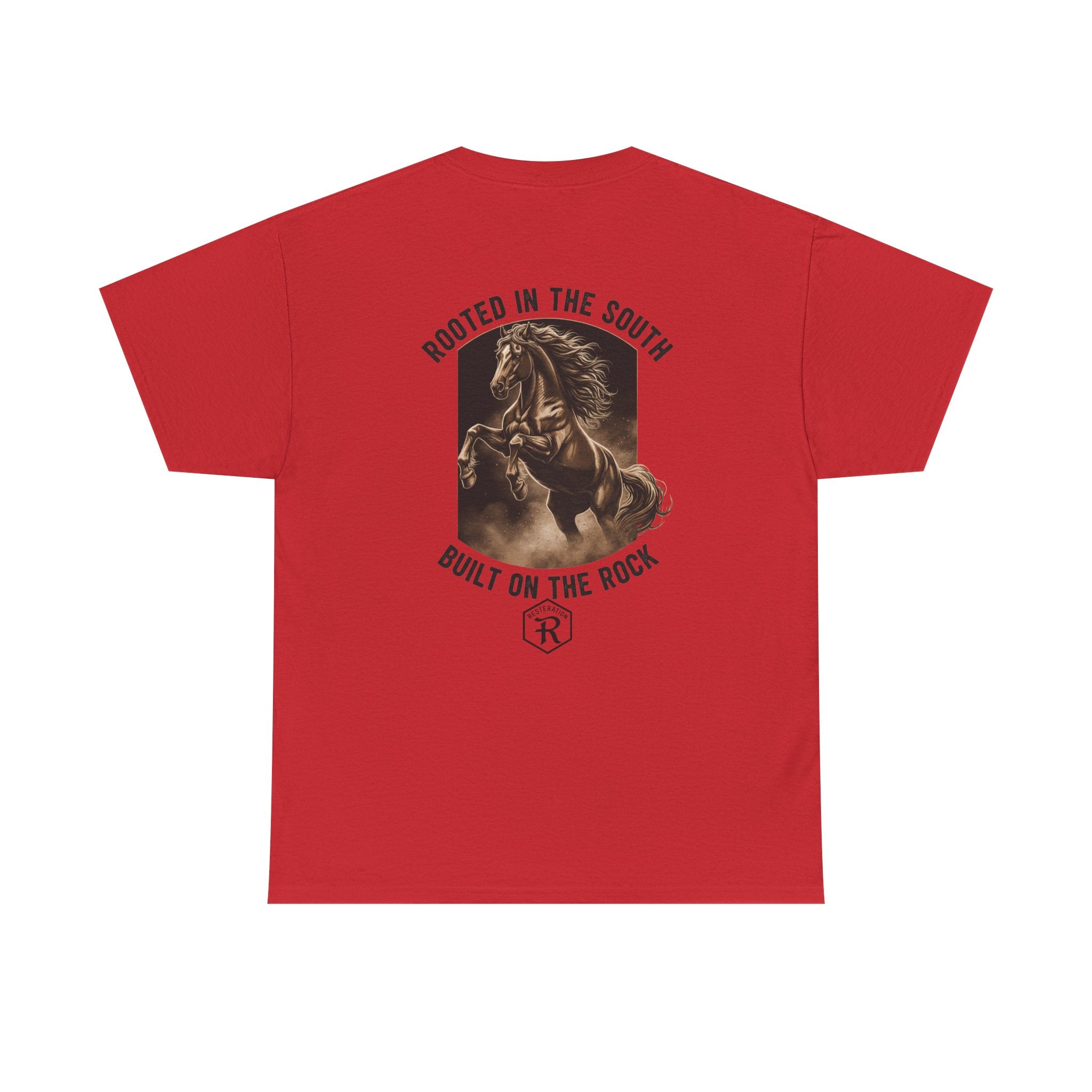 RESTERATION Tee — 'Rooted in the South, Built on the Rock' | Back Print Horse Graphic Shirt - RESTERATION