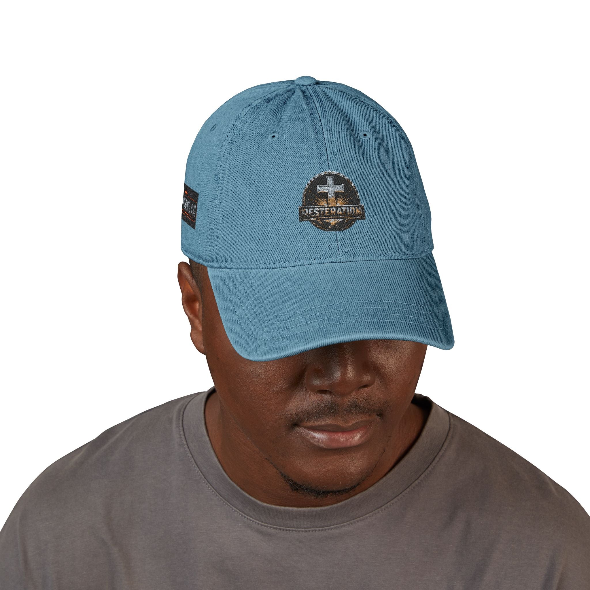 Distressed Cross Embroidered Denim Hat — Vintage Christian Baseball Cap