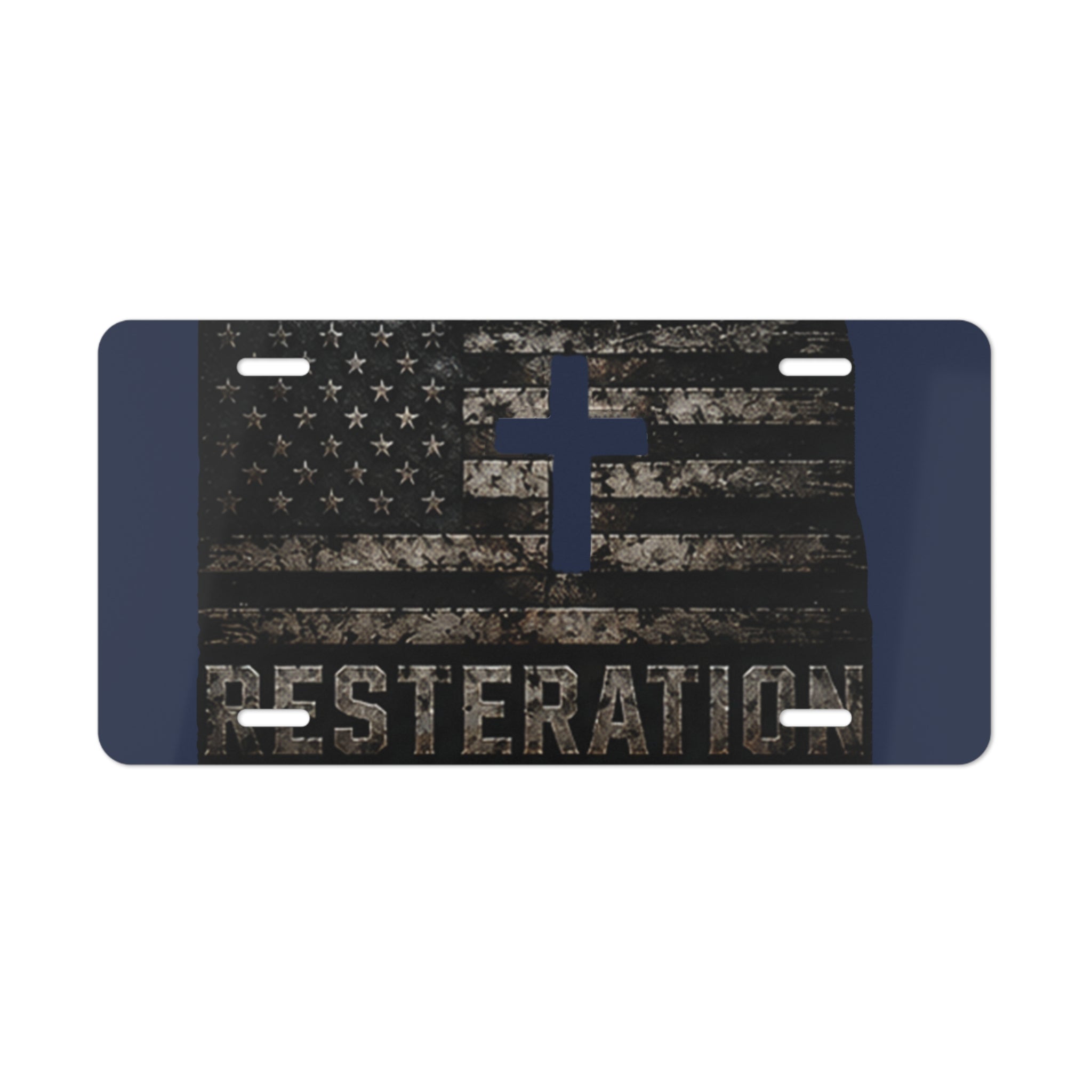 RESTERATION Faith & Flag Vanity Plate — Distressed Cross & American Flag Car Tag 4 - RESTERATION
