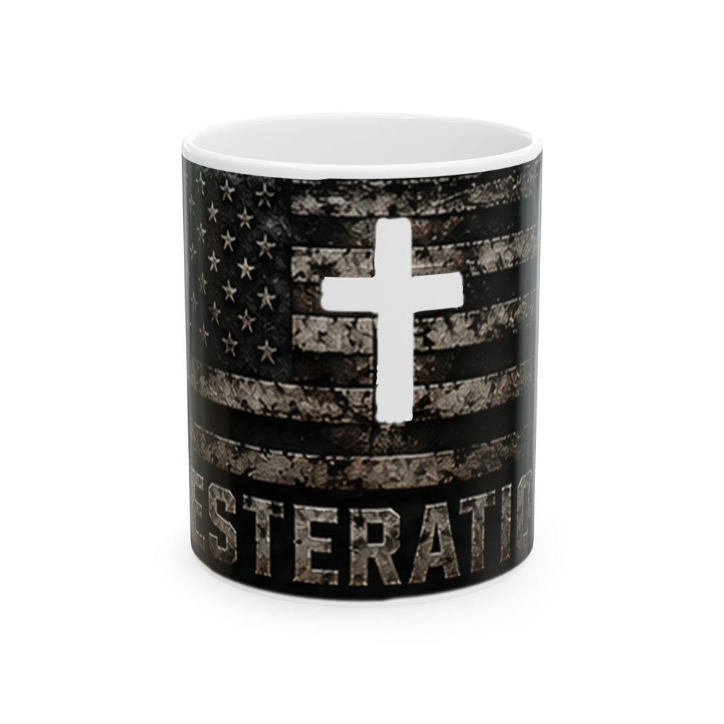RESTERATION Faith & Flag Accent Mug — Christian Cross Coffee Cup | 11oz & 15oz