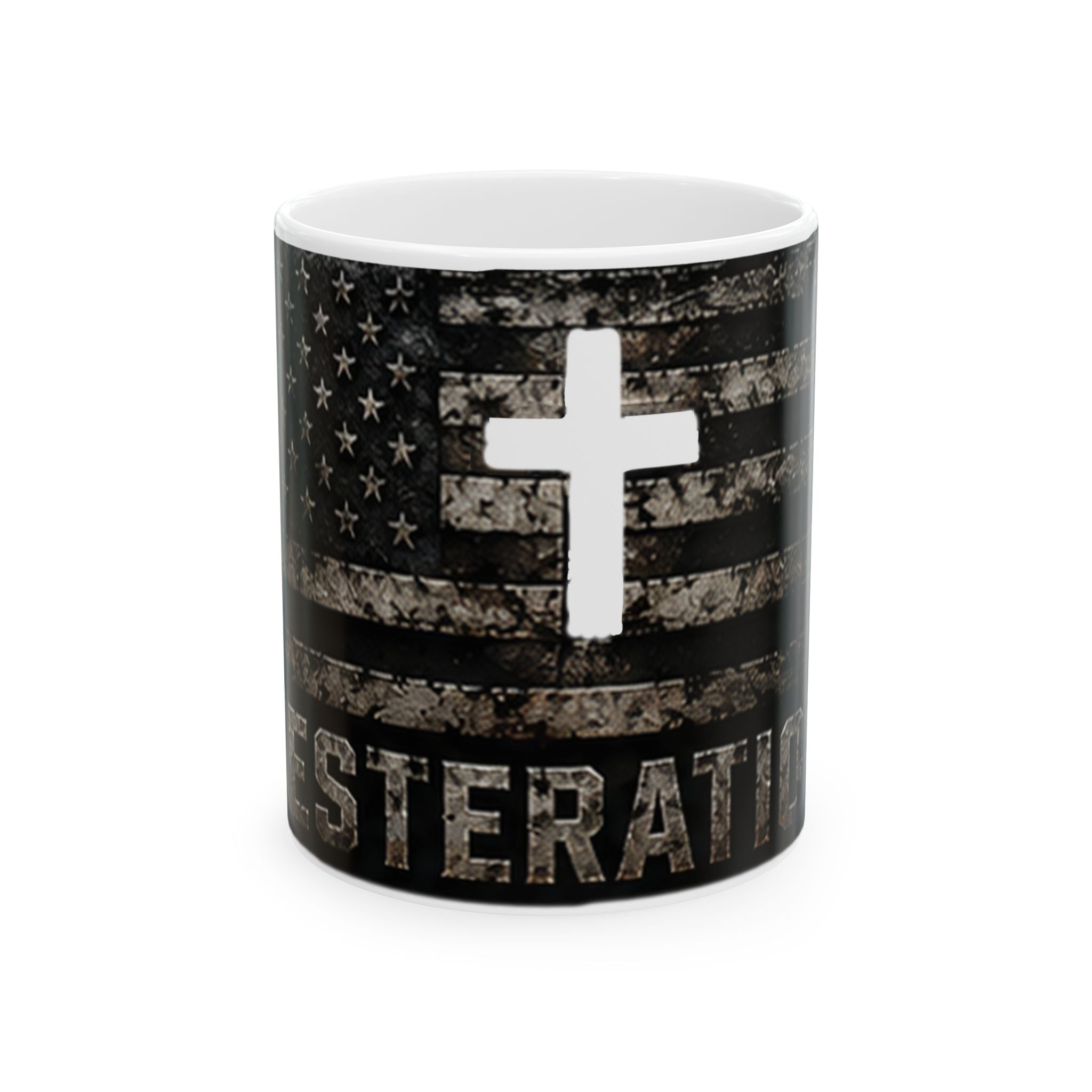 RESTERATION Faith & Flag Accent Mug — Christian Cross Coffee Cup | 11oz & 15oz