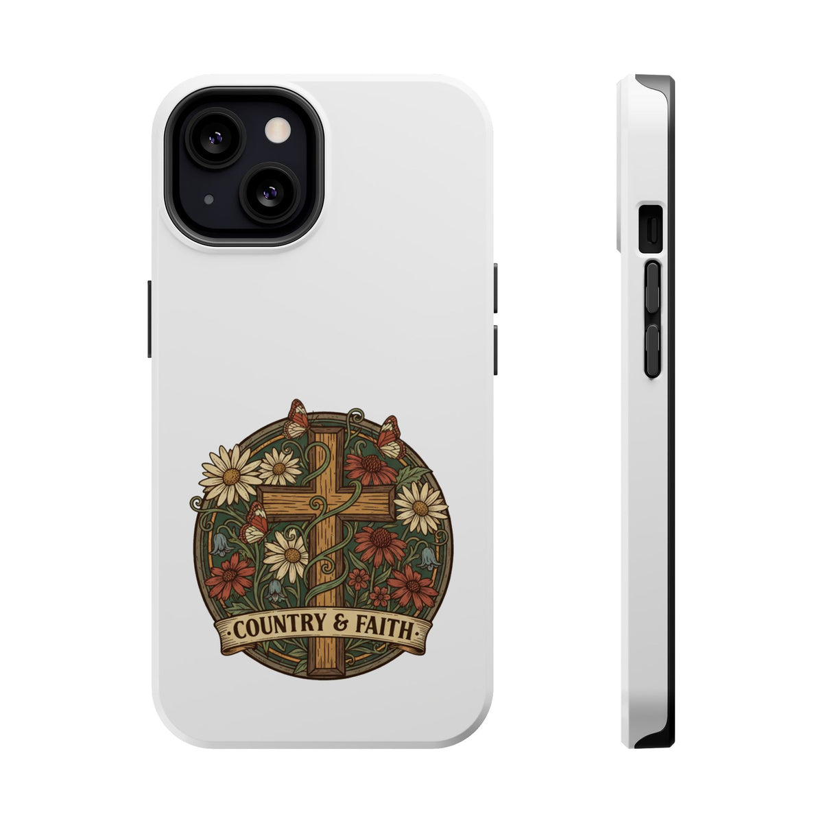 White phone case front and side profile with floral “Country & Faith” crest
