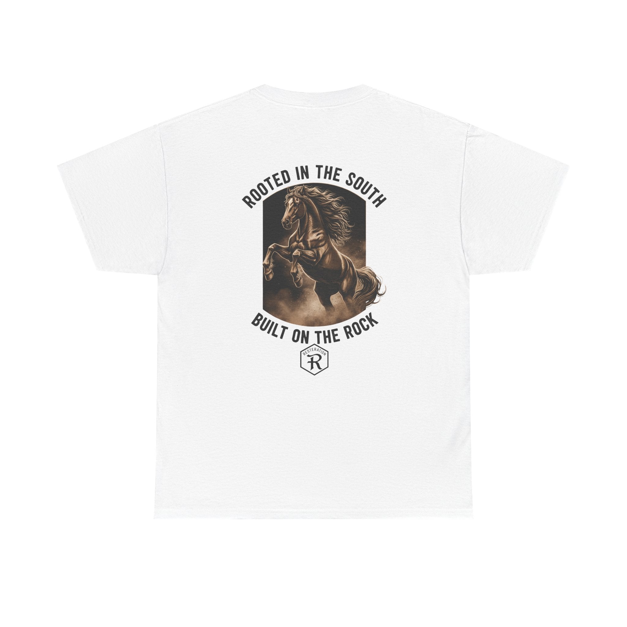 RESTERATION Tee — 'Rooted in the South, Built on the Rock' | Back Print Horse Graphic Shirt - RESTERATION