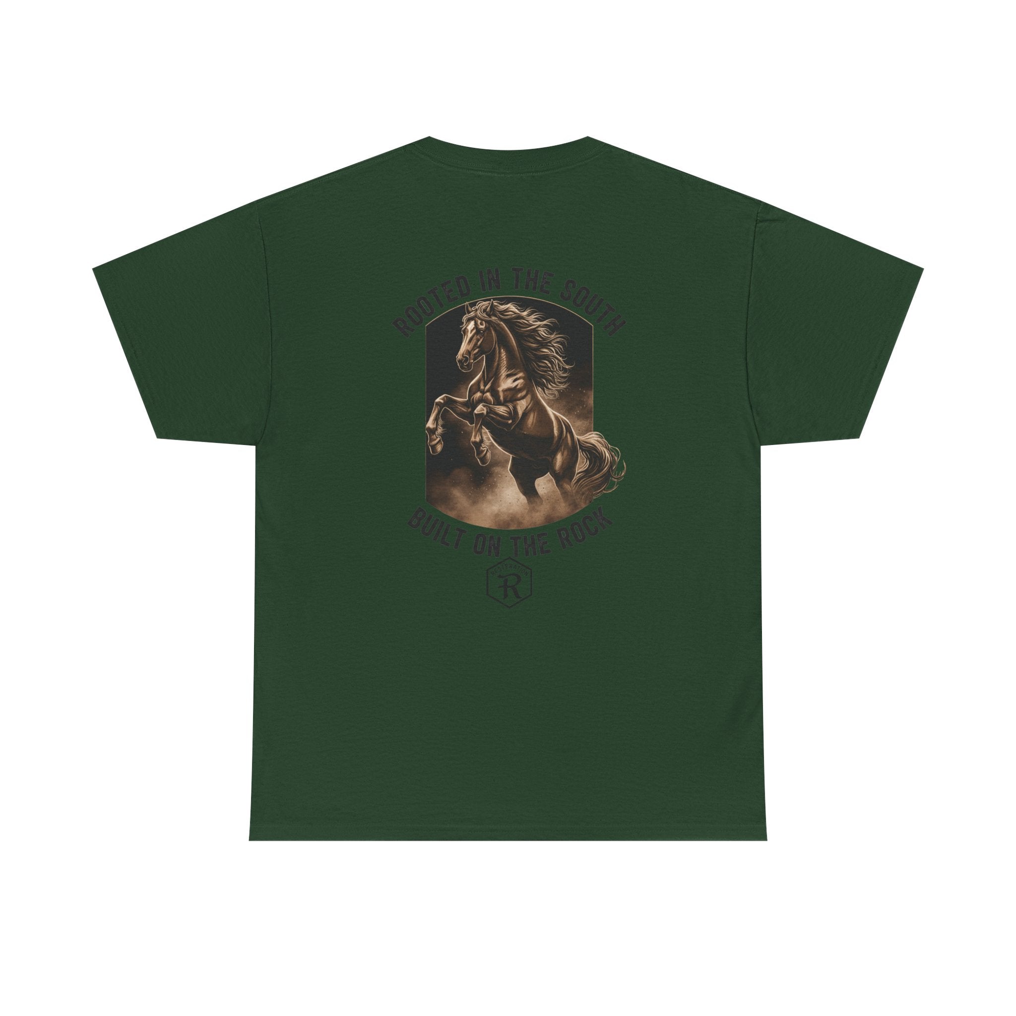 RESTERATION Tee — 'Rooted in the South, Built on the Rock' | Back Print Horse Graphic Shirt - RESTERATION