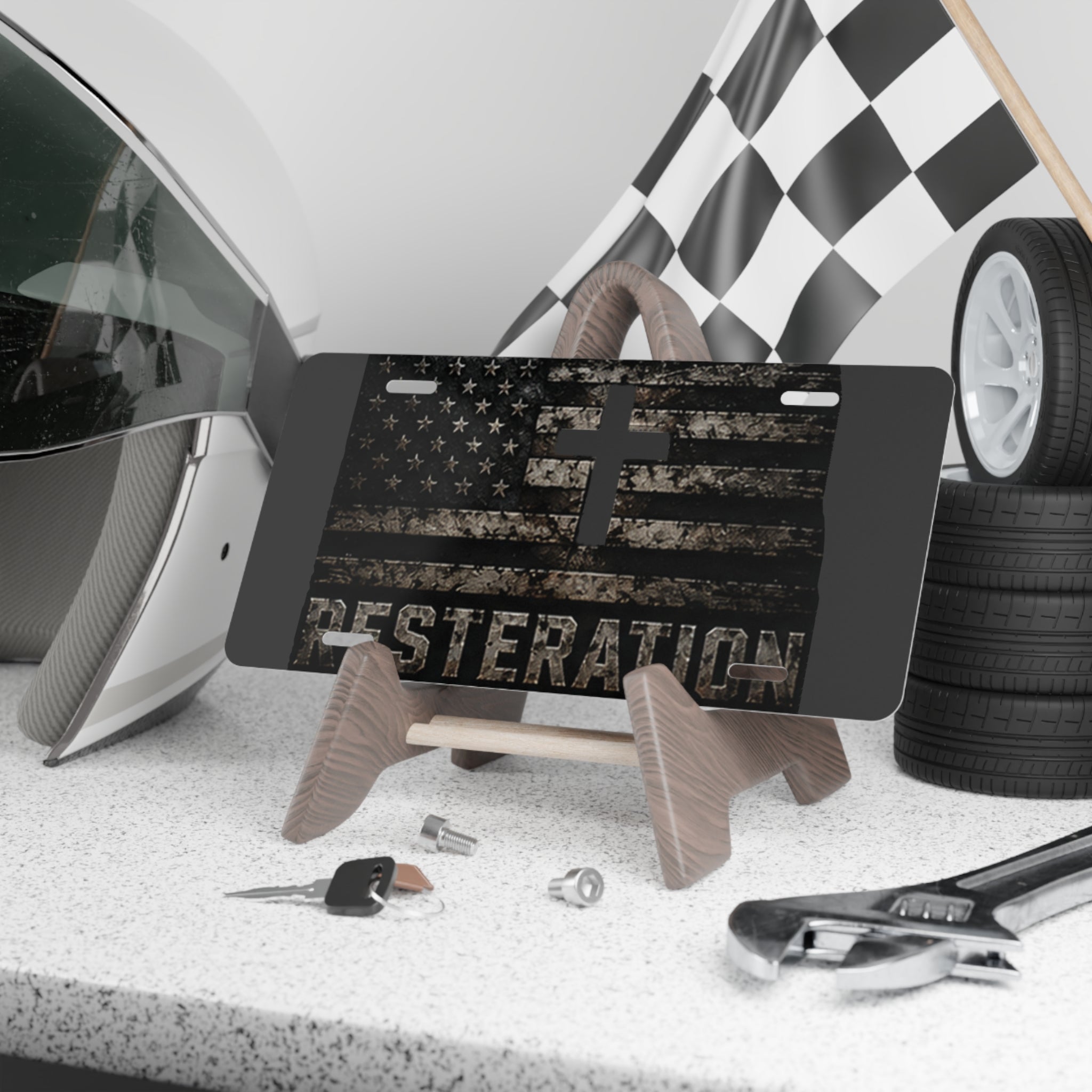 RESTERATION Faith & Flag Vanity Plate — Distressed Cross & American Flag Car Tag 3 - RESTERATION