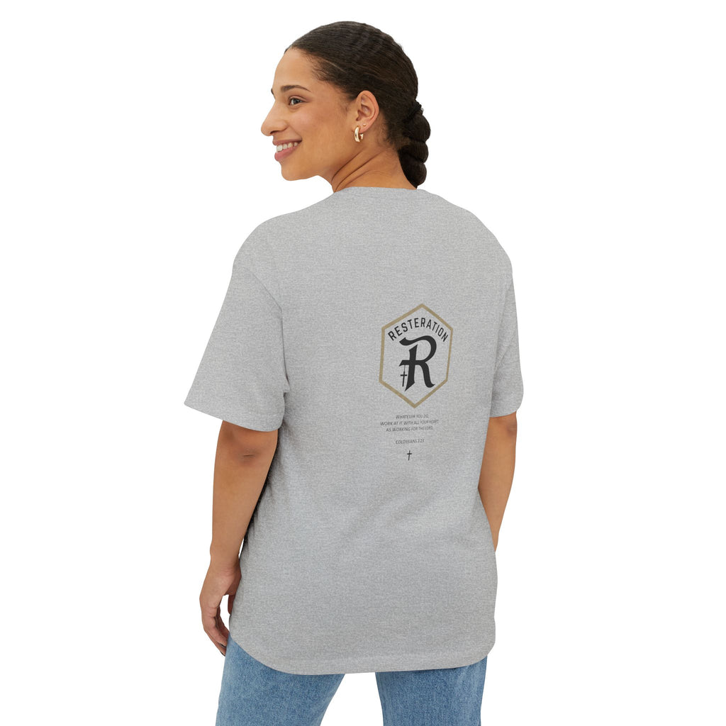 RESTERATION Oversized Boxy Tee — Colossians 3:23 Scripture Back Print - RESTERATION