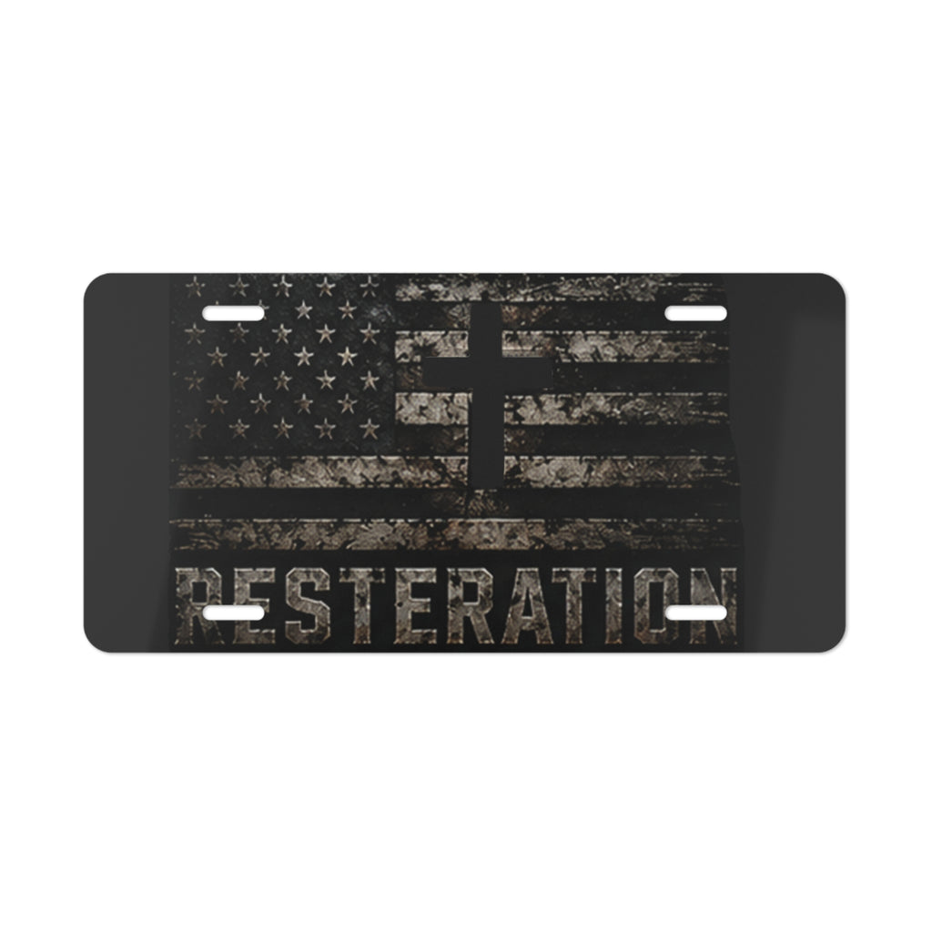RESTERATION Faith & Flag Vanity Plate — Distressed Cross & American Flag Car Tag 5 - RESTERATION