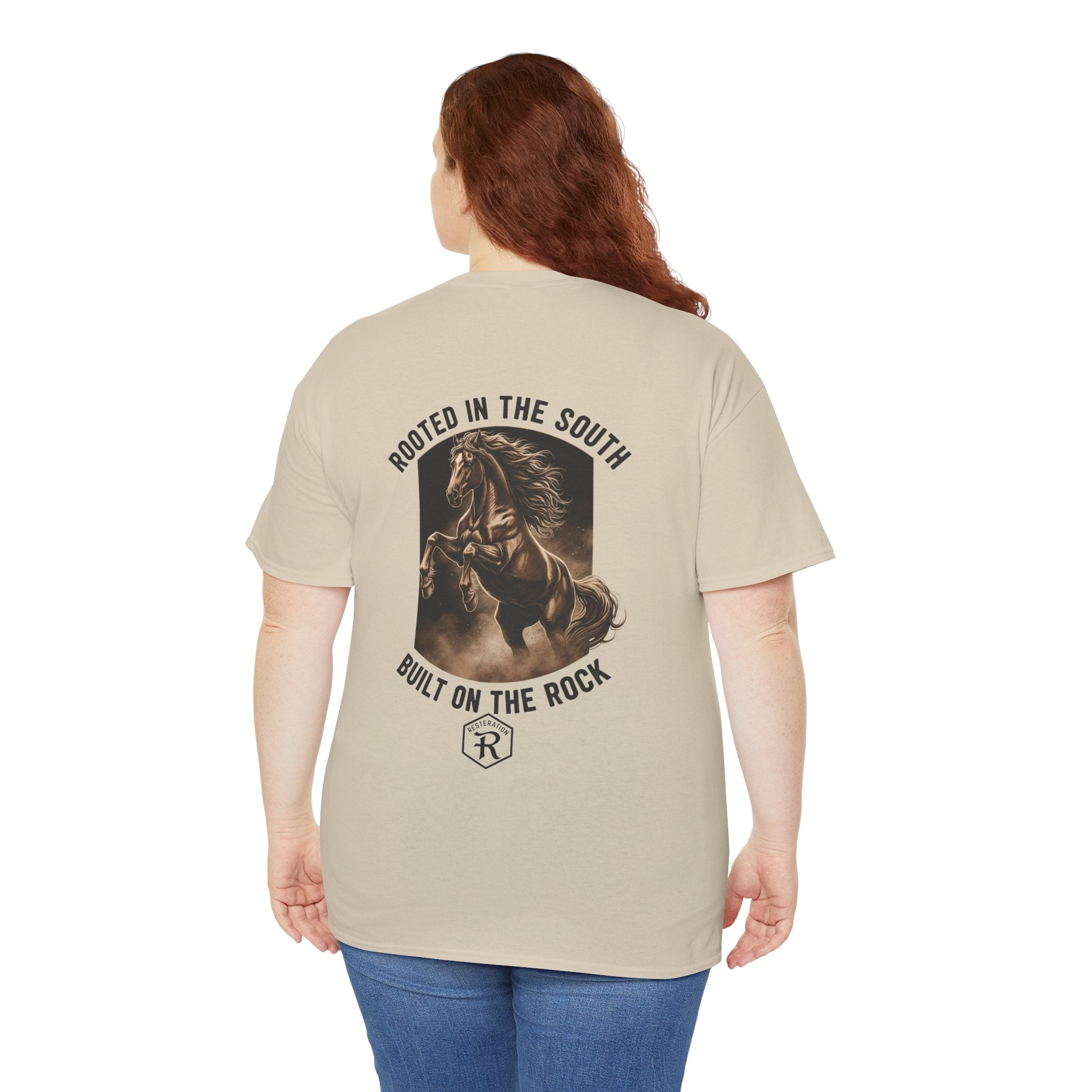 RESTERATION Tee — 'Rooted in the South, Built on the Rock' | Back Print Horse Graphic Shirt - RESTERATION