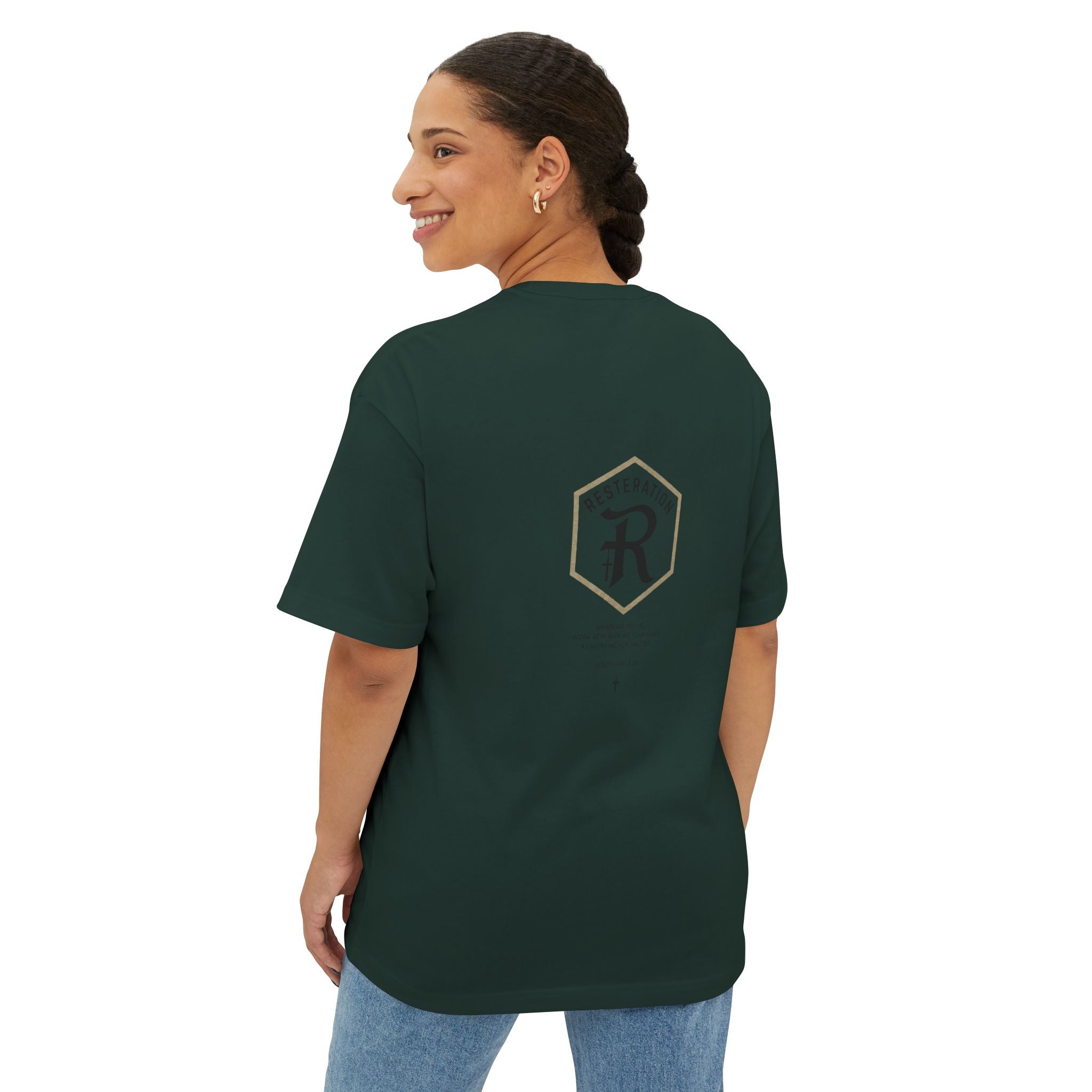 RESTERATION Oversized Boxy Tee — Colossians 3:23 Scripture Back Print - RESTERATION