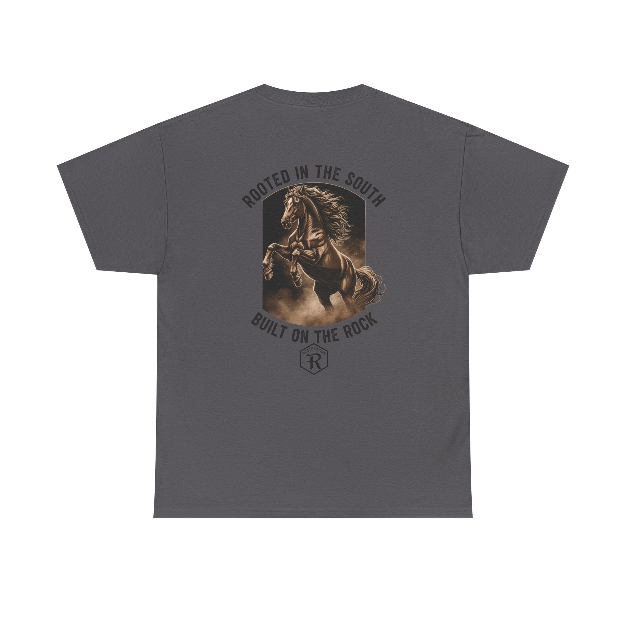 RESTERATION Tee — 'Rooted in the South, Built on the Rock' | Back Print Horse Graphic Shirt - RESTERATION