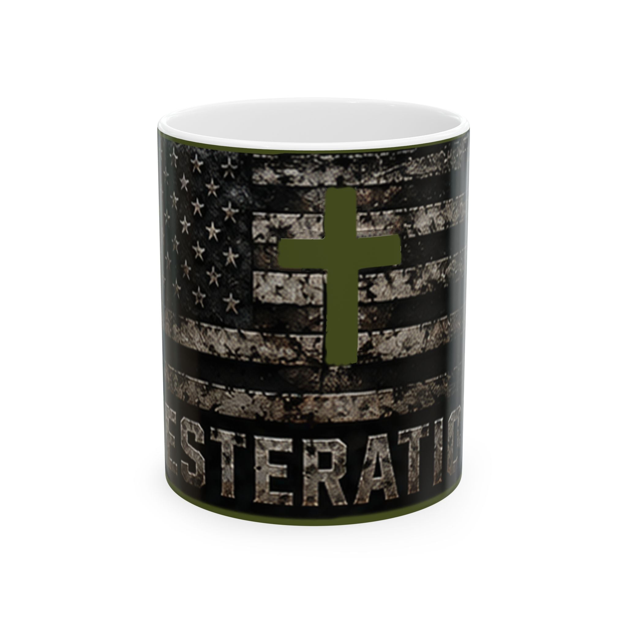 RESTERATION Veteran Faith Ceramic Mug — American Flag Cross Design | 11oz & 15oz