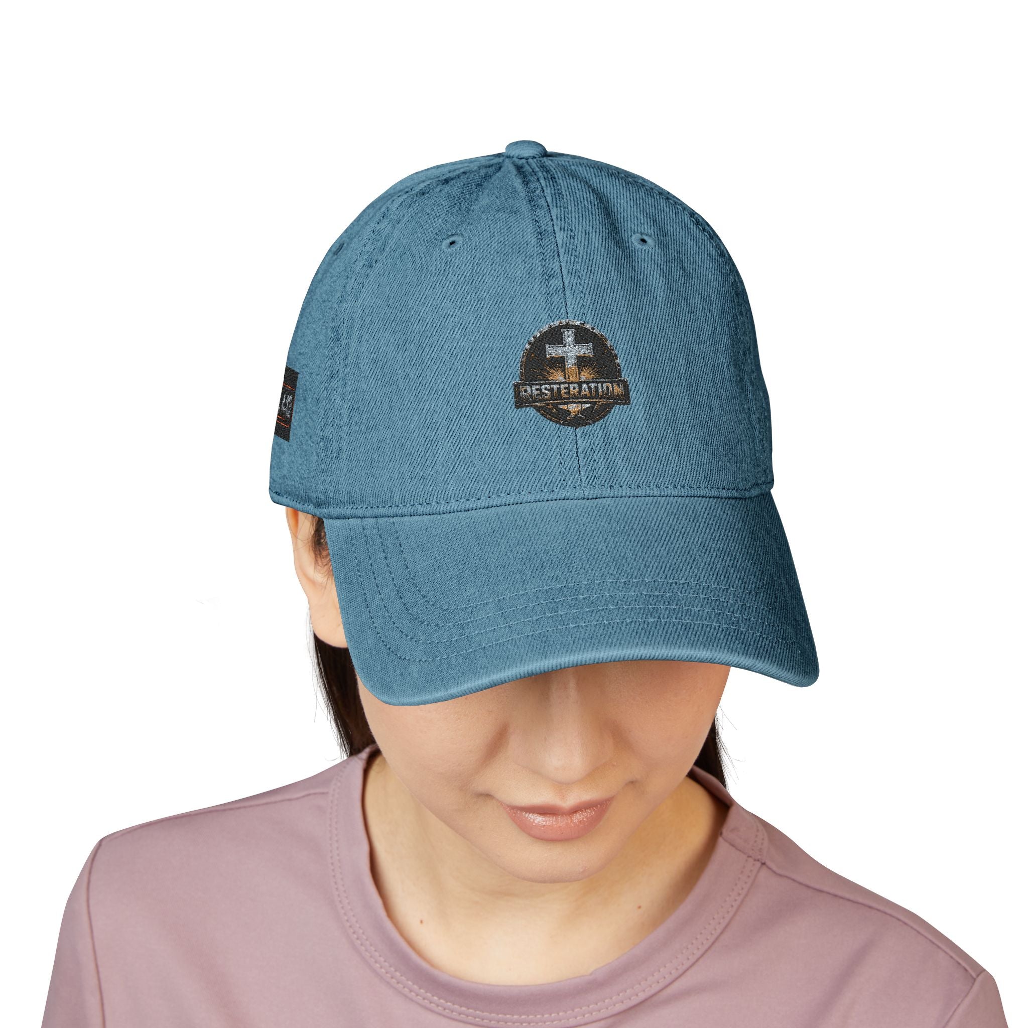 Distressed Cross Embroidered, Phil 4:13 Denim Hat — Vintage Christian Baseball Cap - RESTERATION