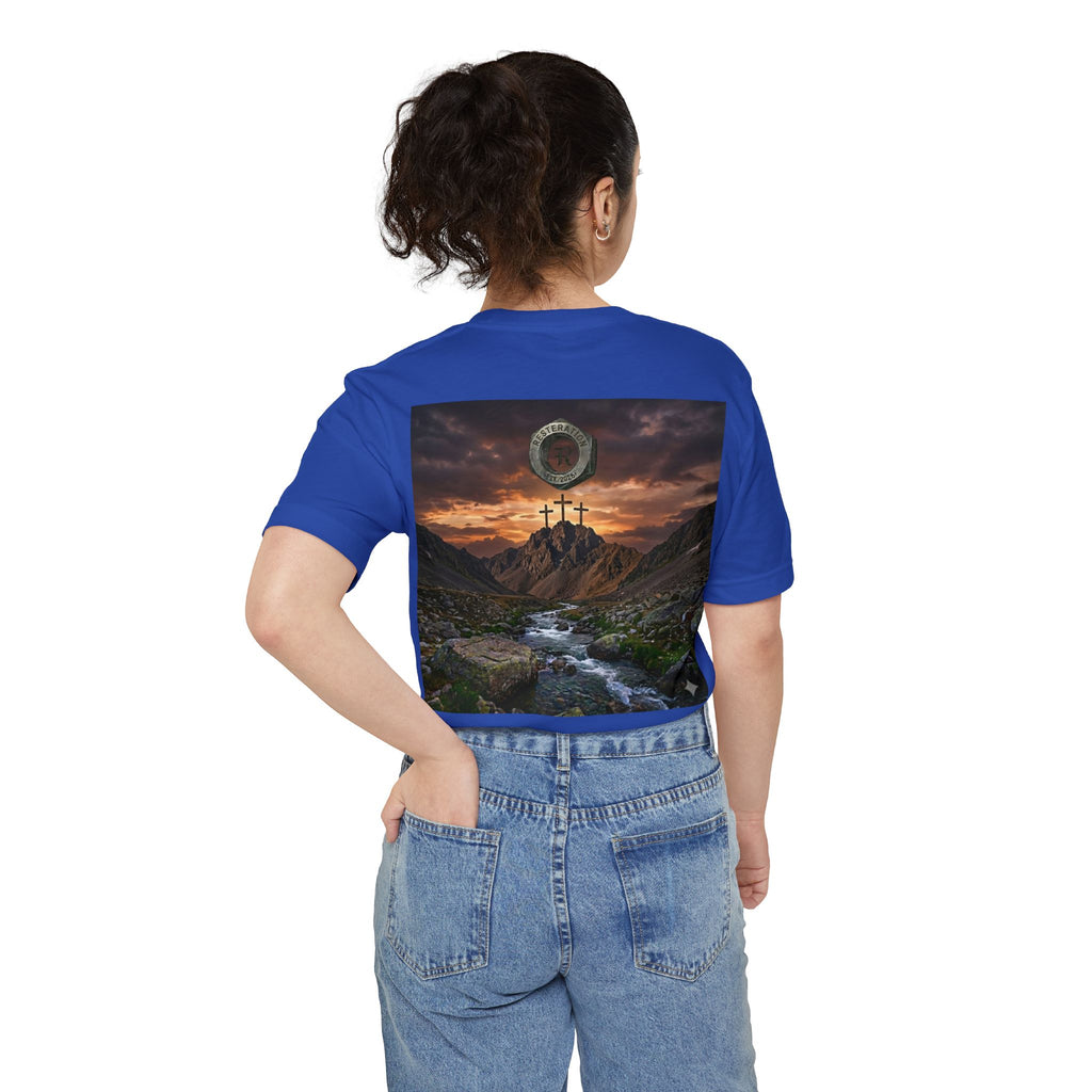 Christian Cross Pocket T-Shirt — Three Crosses Scenic Back Print