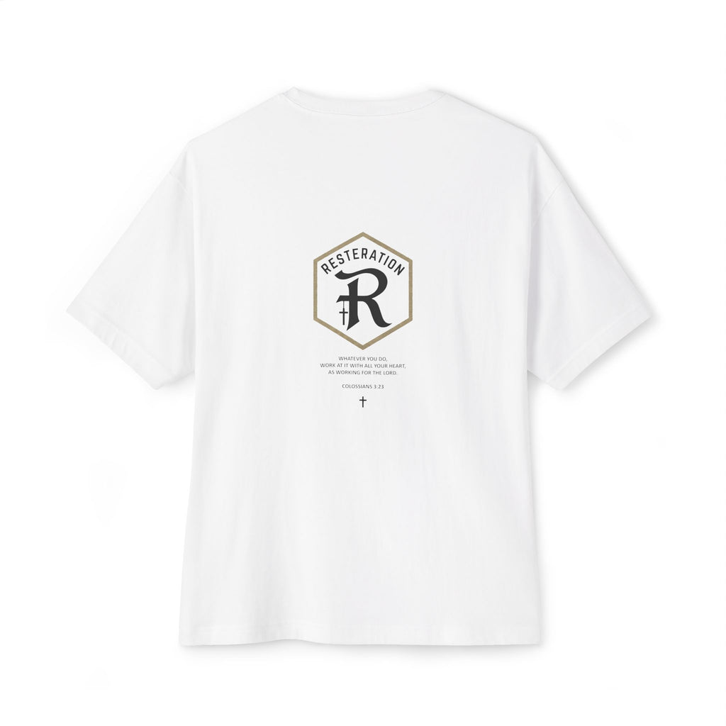 RESTERATION Oversized Boxy Tee — Colossians 3:23 Scripture Back Print - RESTERATION