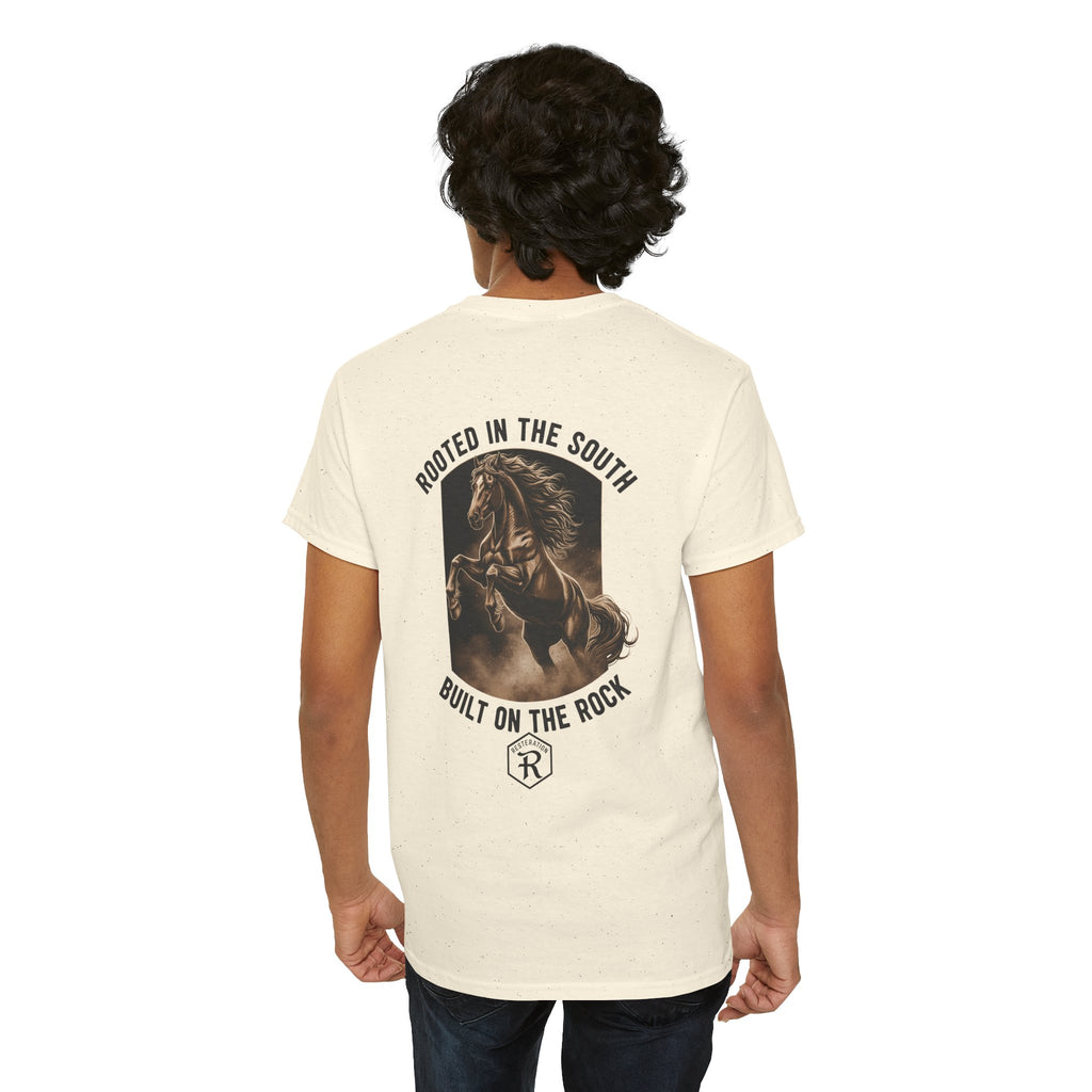 RESTERATION Tee — 'Rooted in the South, Built on the Rock' | Back Print Horse Graphic Shirt - RESTERATION