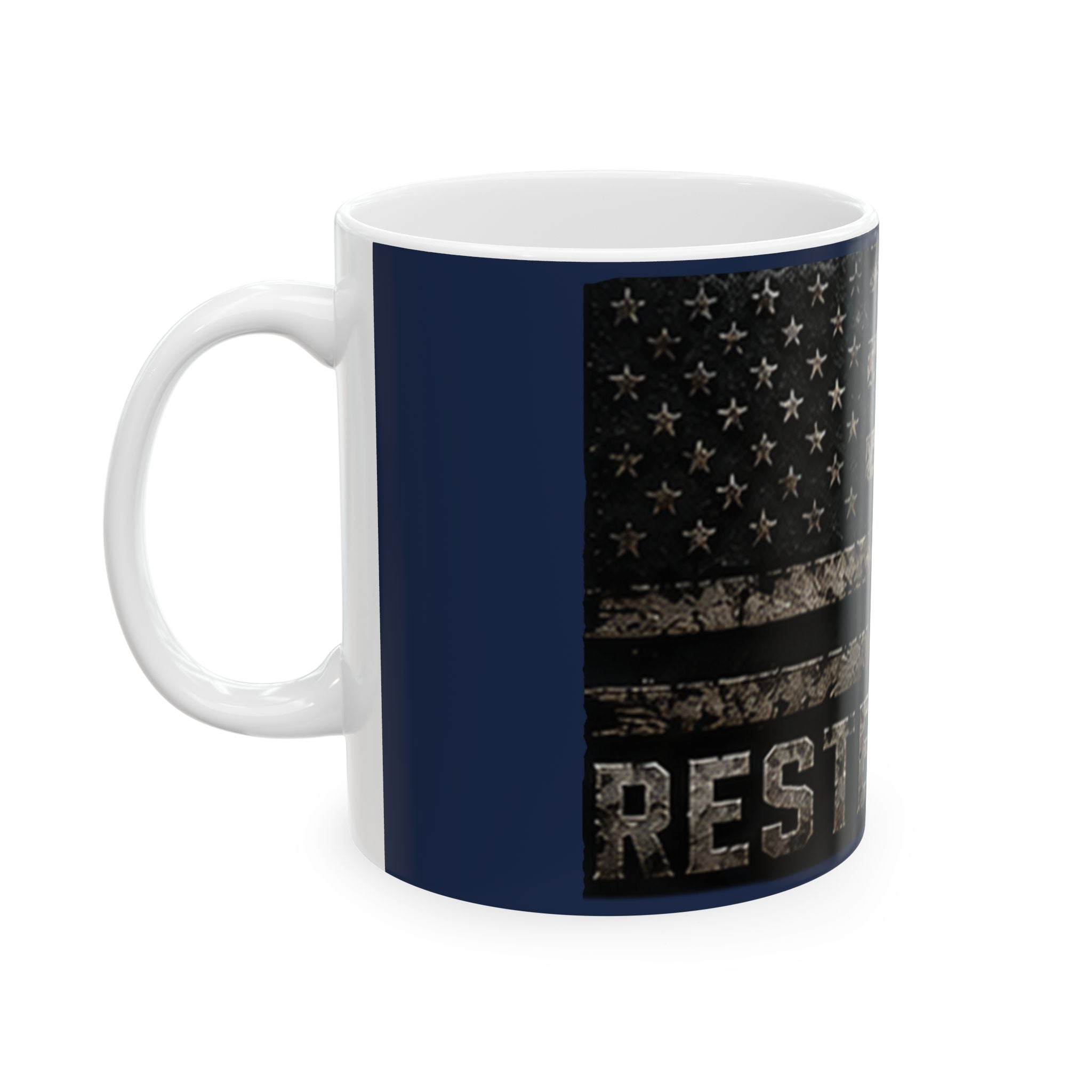 RESTERATION Flag Ceramic Mug — Distressed American Flag with Cross | 11oz & 15oz