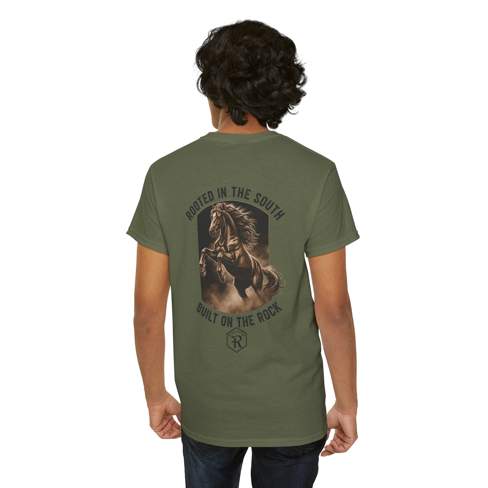 RESTERATION Tee — 'Rooted in the South, Built on the Rock' | Back Print Horse Graphic Shirt - RESTERATION