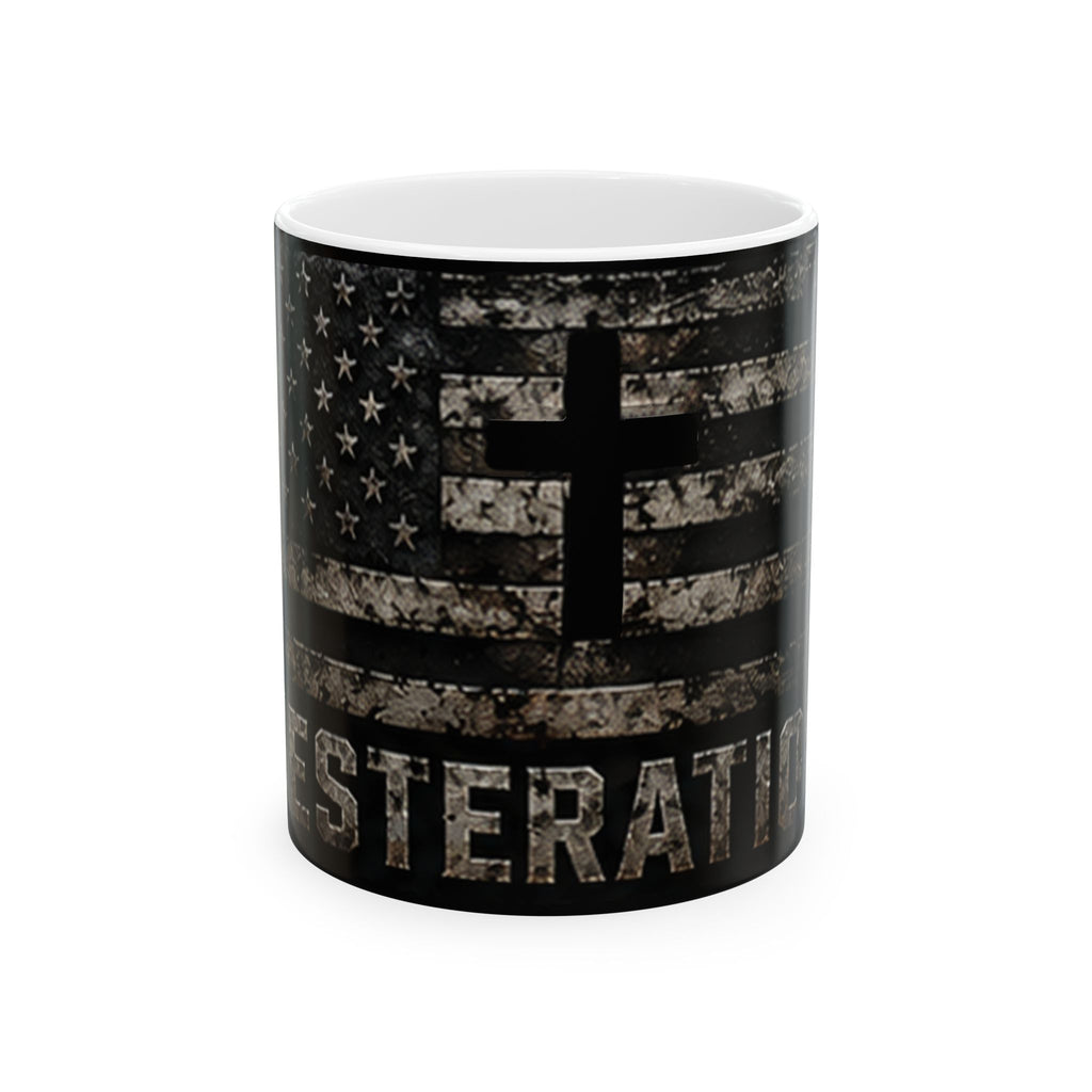 RESTERATION Veteran Faith Accent Mug — American Flag Cross Design | 11oz & 15oz