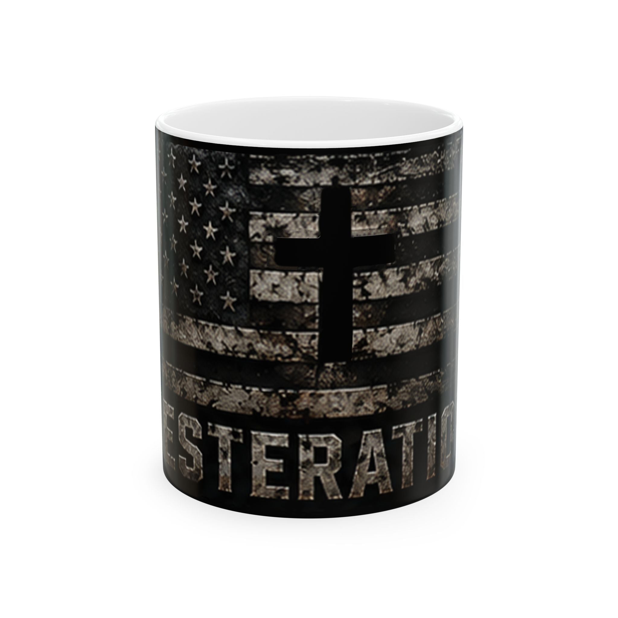 RESTERATION Veteran Faith Accent Mug — American Flag Cross Design | 11oz & 15oz