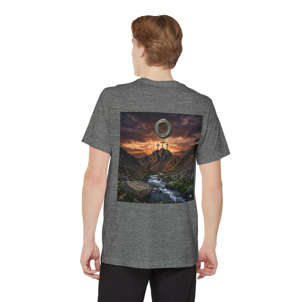 Christian Cross T-Shirt | Three Crosses Scenic Back Print | Faith Pocket Tee - RESTERATION