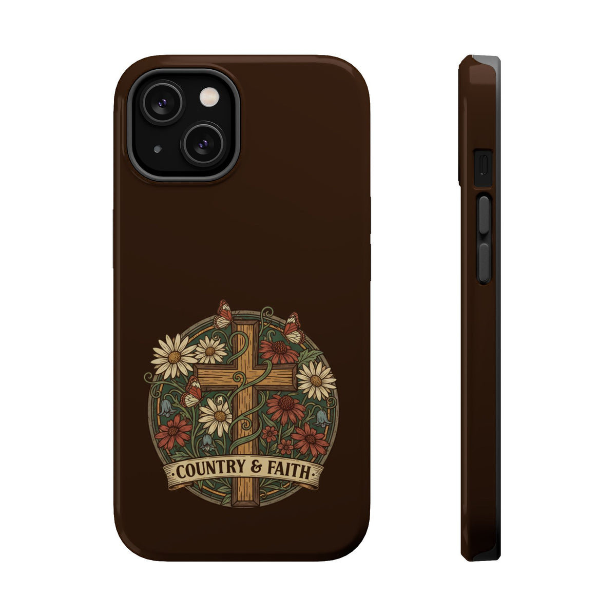 Brown phone case with floral cross wreath graphic and side profile edge