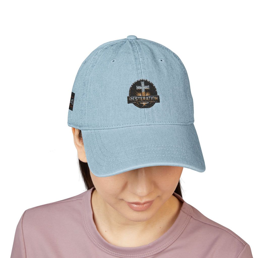 Distressed Cross Embroidered Denim Hat — Vintage Christian Baseball Cap