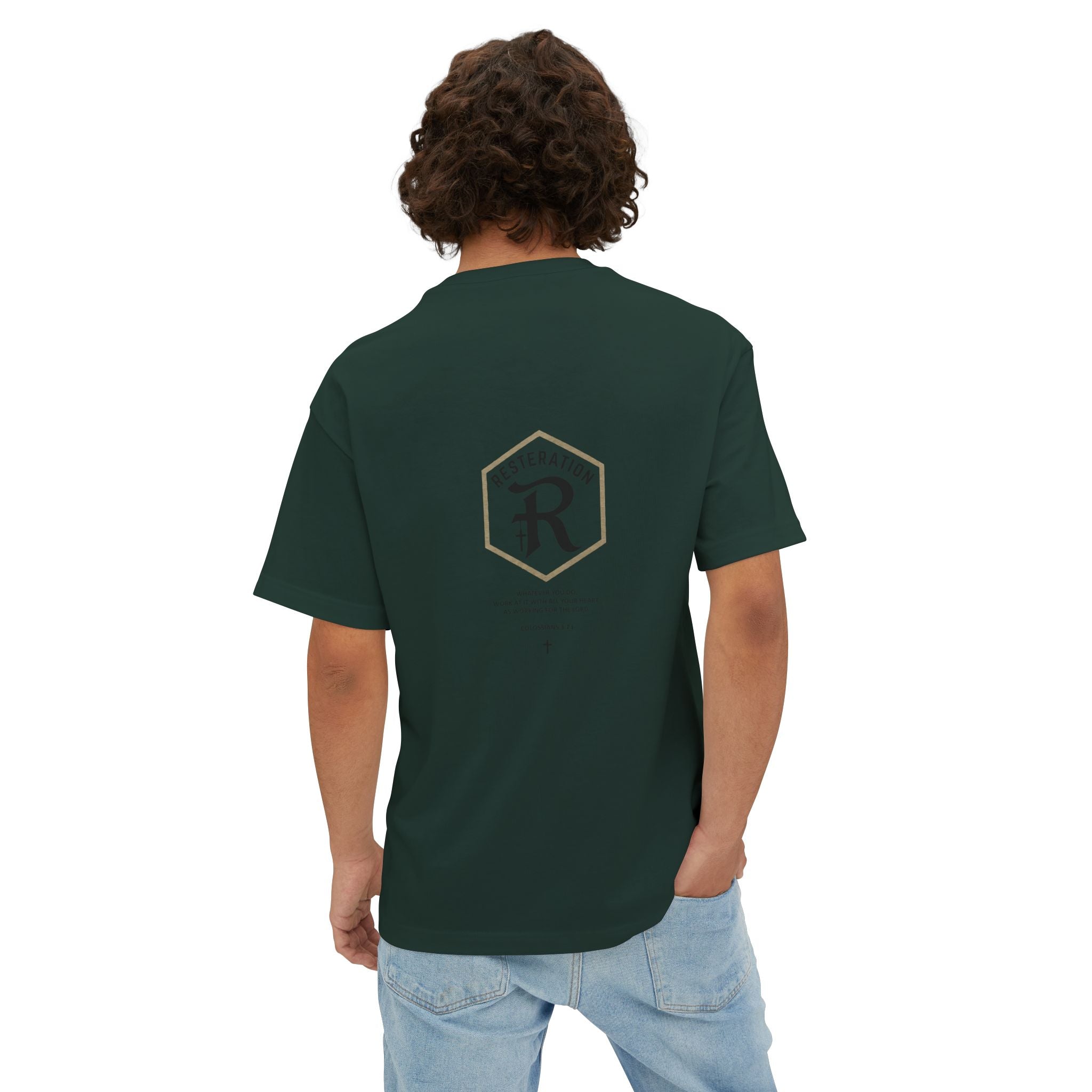 RESTERATION Oversized Boxy Tee — Colossians 3:23 Scripture Back Print - RESTERATION