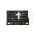 RESTERATION Faith & Flag Vanity Plate — Distressed Cross & American Flag Car Tag