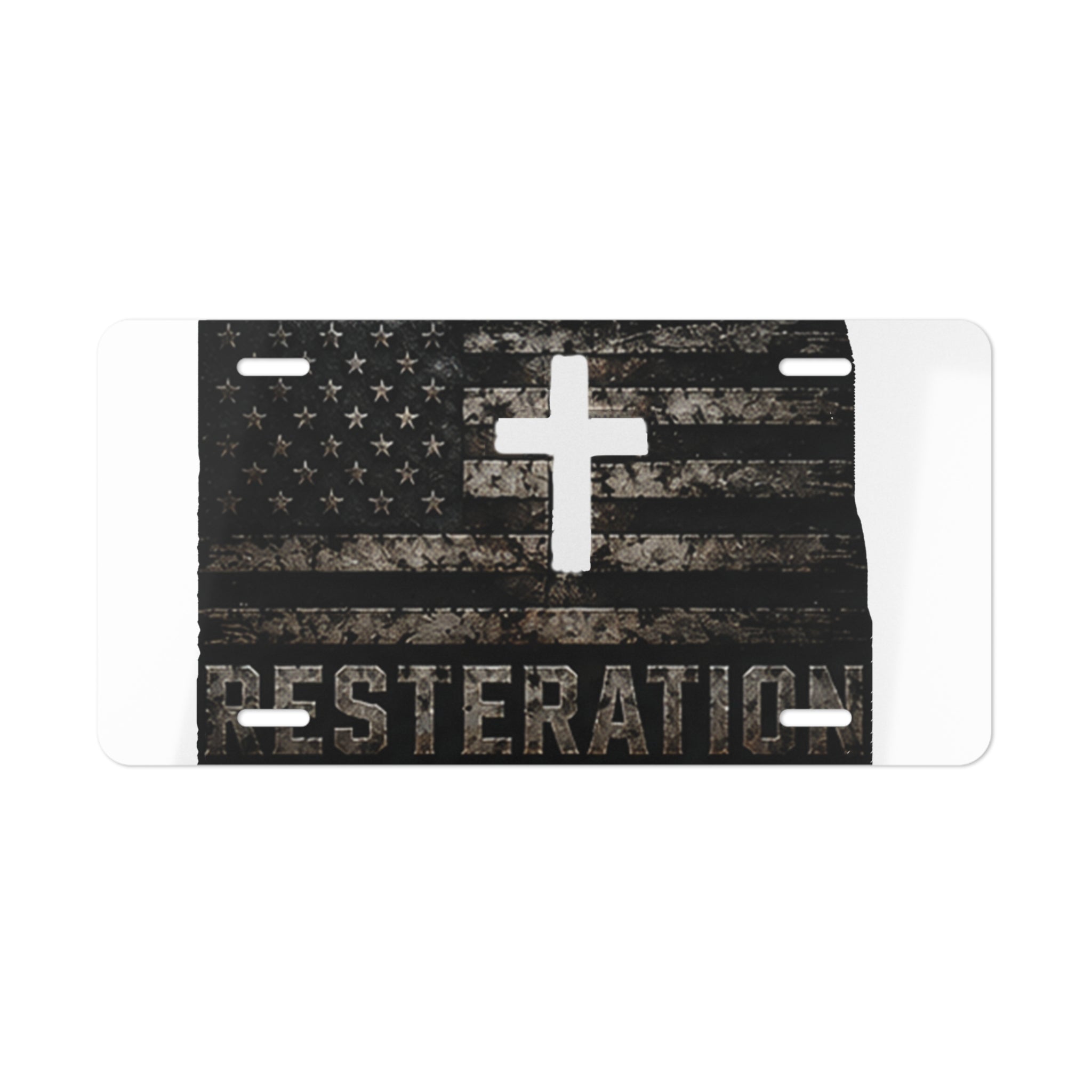 RESTERATION Faith & Flag Vanity Plate — Distressed Cross & American Flag Car Tag