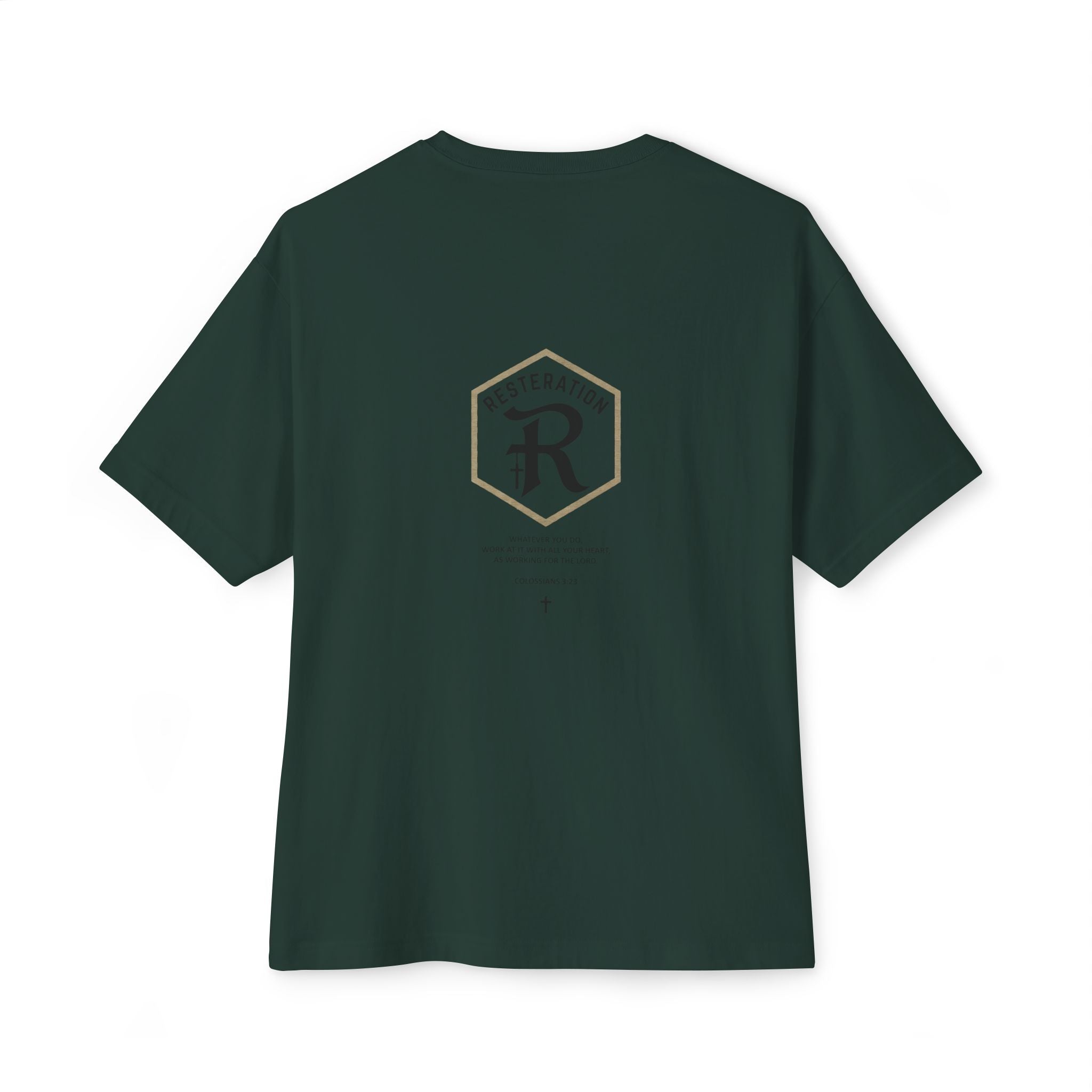RESTERATION Oversized Boxy Tee — Colossians 3:23 Scripture Back Print - RESTERATION