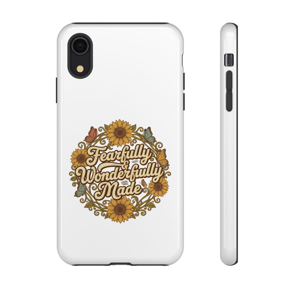 White phone case with sunflower floral wreath and decorative lettering on back and side view