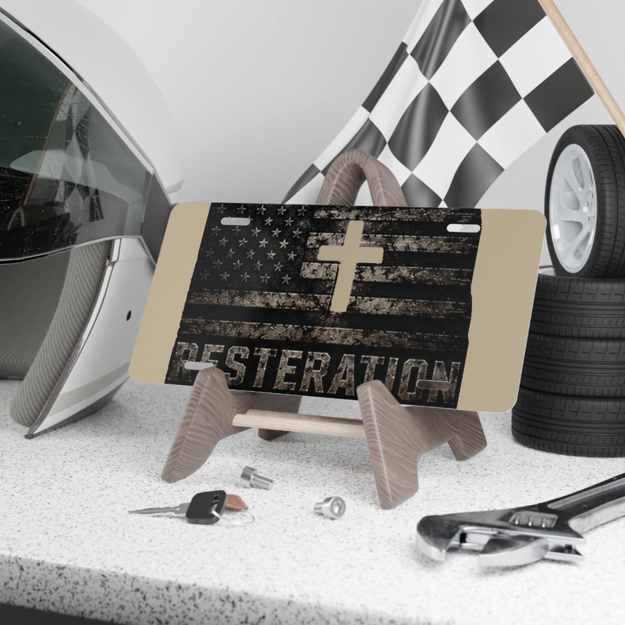 RESTERATION Faith & Flag Vanity Plate — Distressed Cross & American Flag Car Tag 2 - RESTERATION