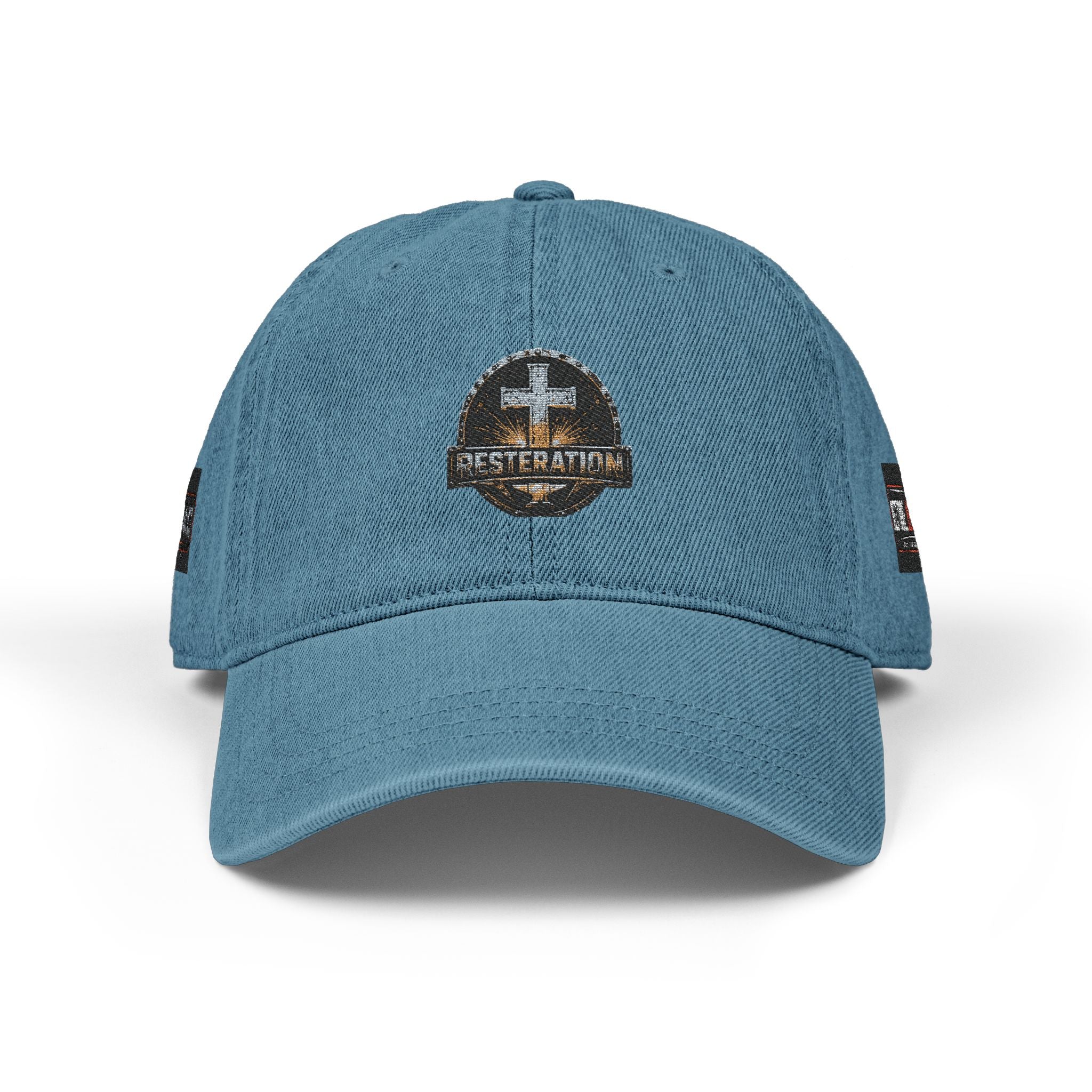 Distressed Cross Embroidered Denim Hat — Vintage Christian Baseball Cap