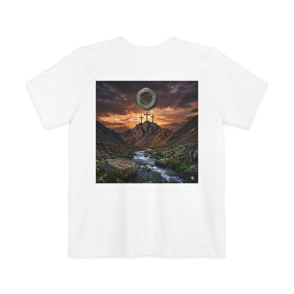 Christian Cross Pocket T-Shirt — Three Crosses Scenic Back Print