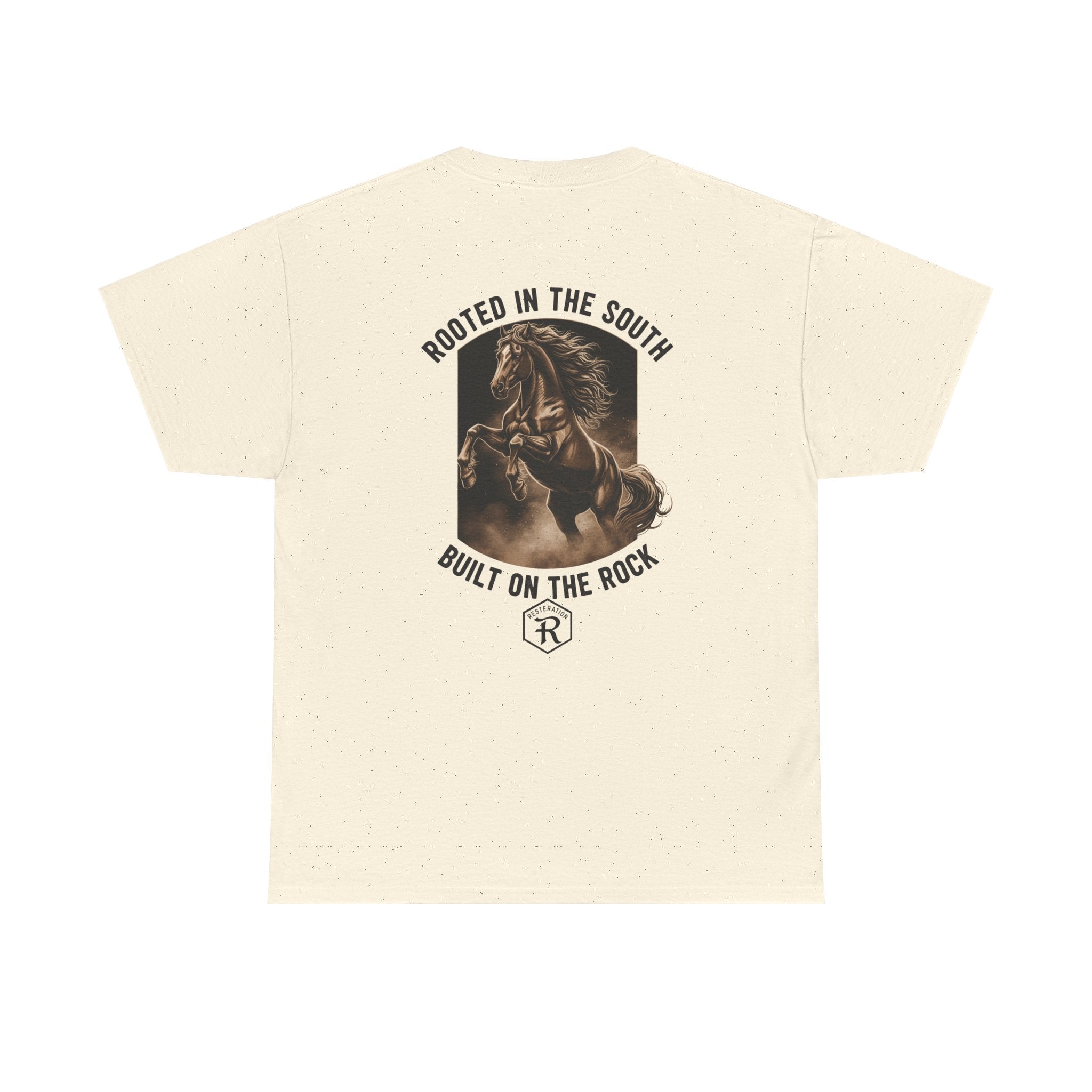 RESTERATION Tee — 'Rooted in the South, Built on the Rock' | Back Print Horse Graphic Shirt - RESTERATION