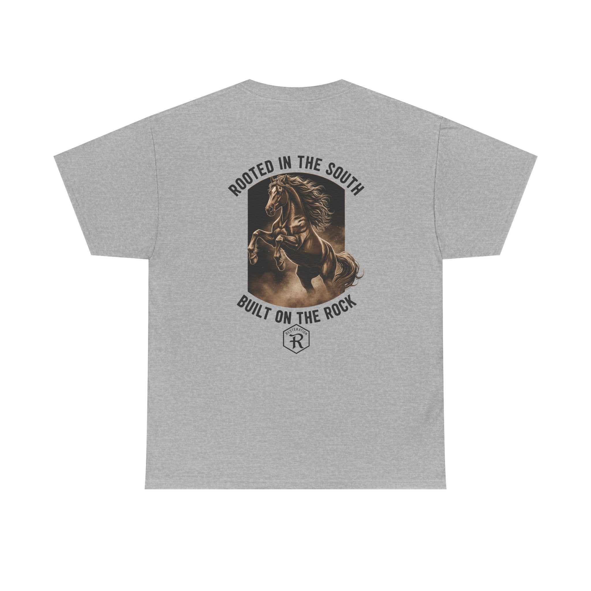 RESTERATION Tee — 'Rooted in the South, Built on the Rock' | Back Print Horse Graphic Shirt - RESTERATION