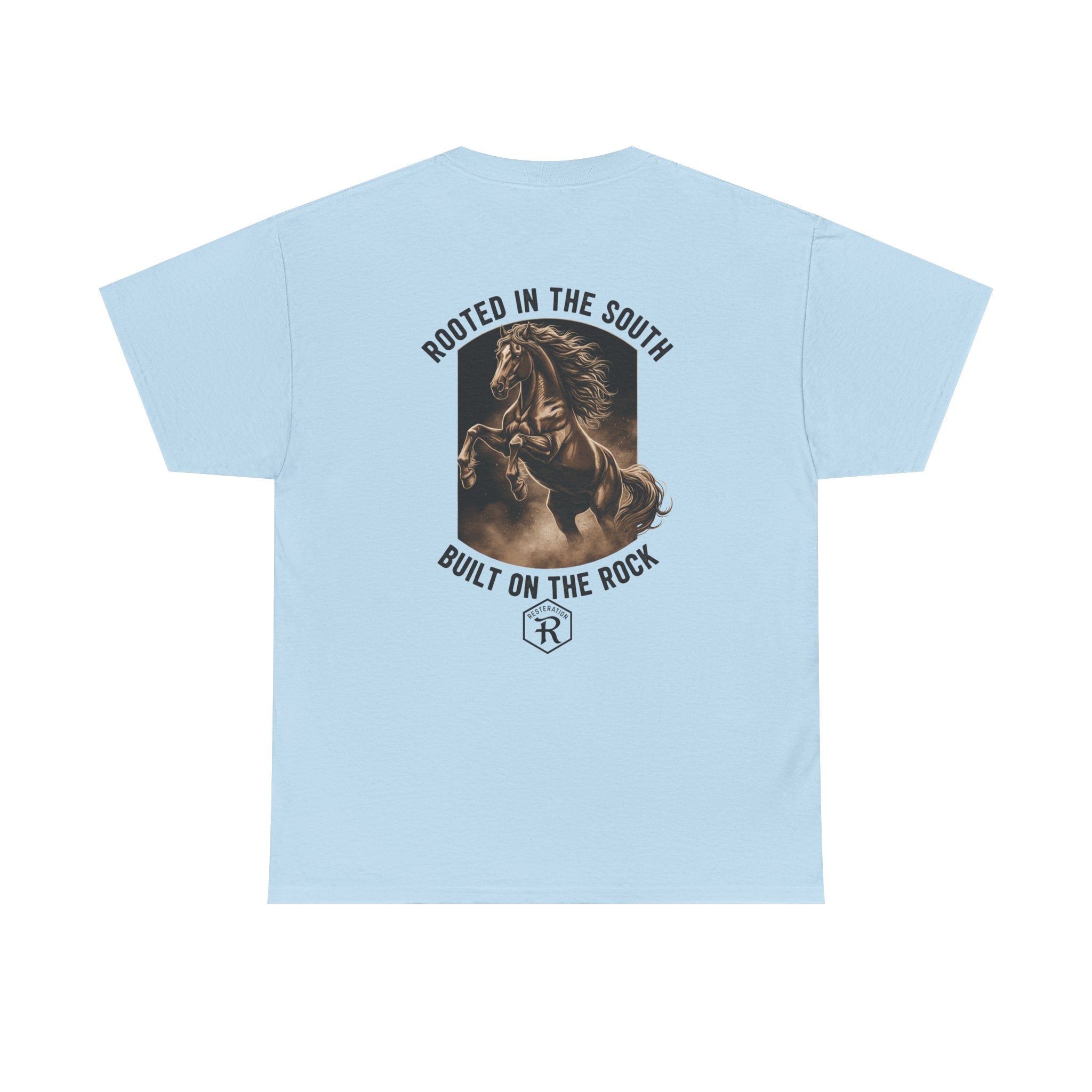 RESTERATION Tee — 'Rooted in the South, Built on the Rock' | Back Print Horse Graphic Shirt - RESTERATION