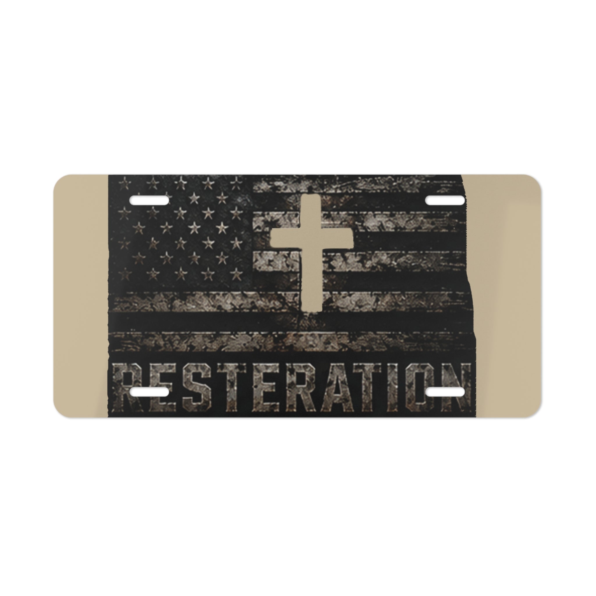 RESTERATION Faith & Flag Vanity Plate — Distressed Cross & American Flag Car Tag 2 - RESTERATION