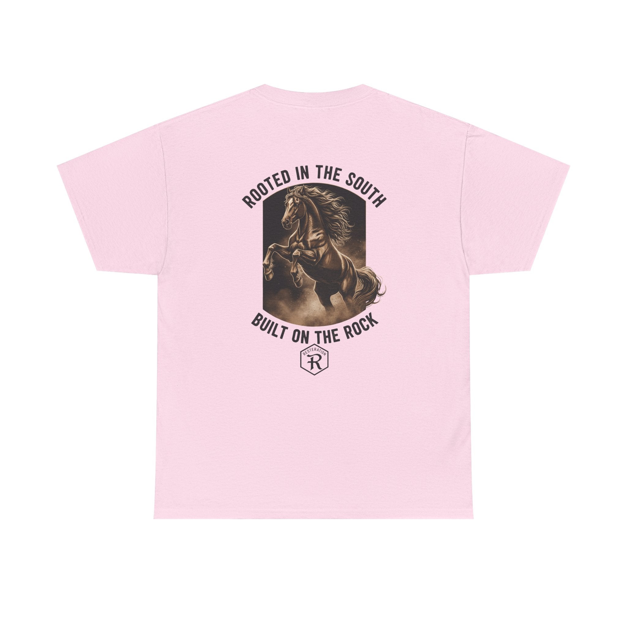 RESTERATION Tee — 'Rooted in the South, Built on the Rock' | Back Print Horse Graphic Shirt - RESTERATION