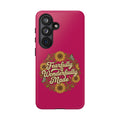 Magenta rugged phone case with sunflower floral design; black camera cover and side button cutouts