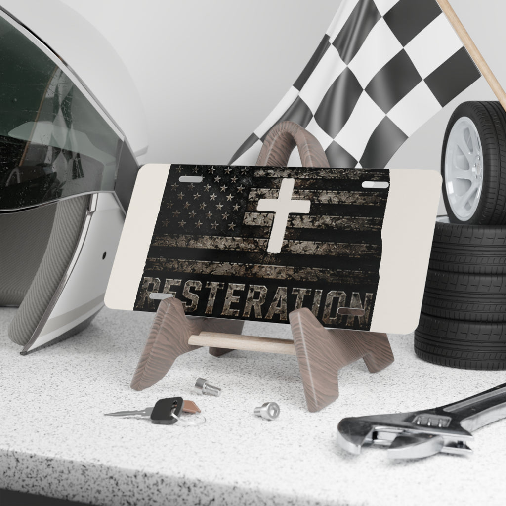 RESTERATION Faith & Flag Vanity Plate — Distressed Cross & American Flag Car Tag - RESTERATION