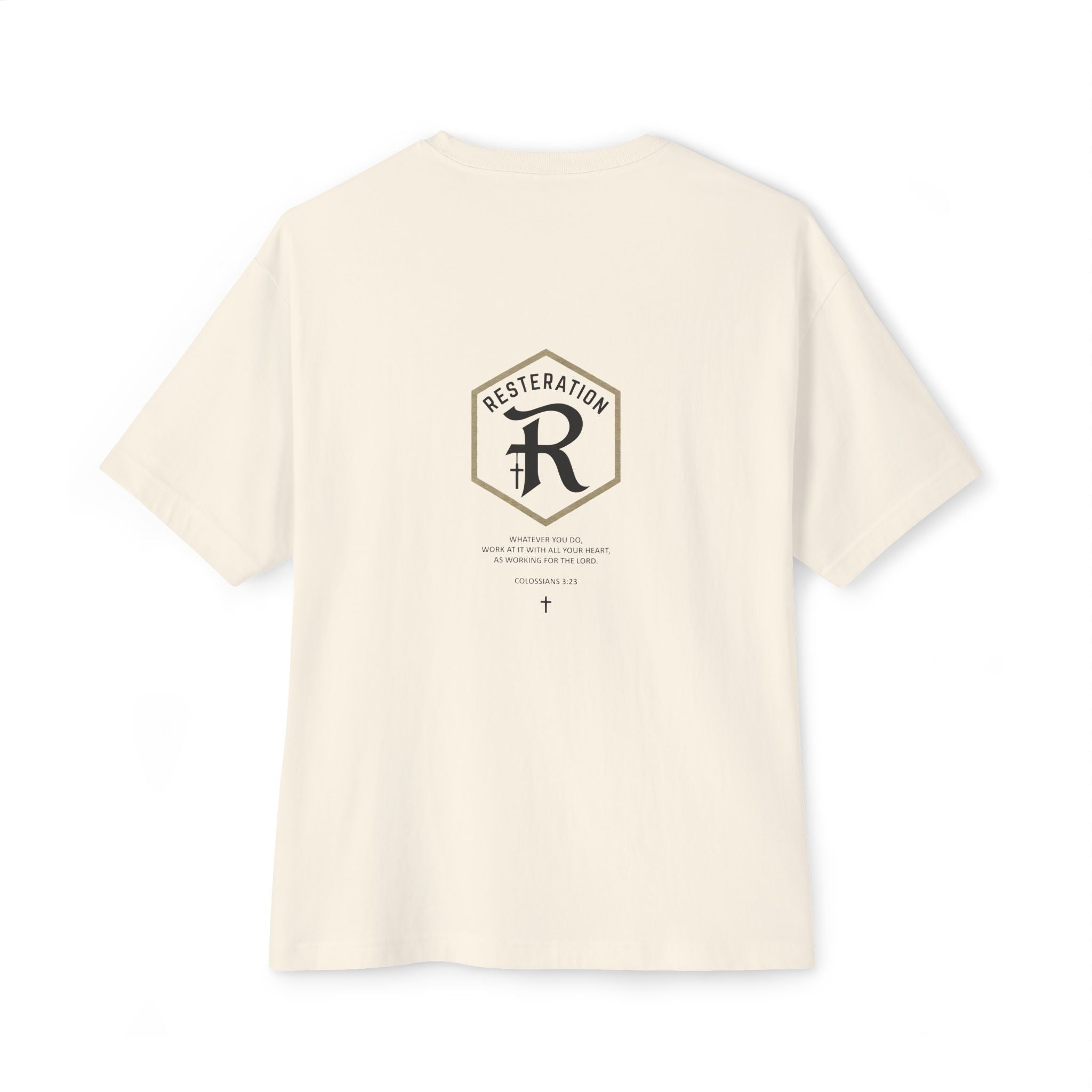 RESTERATION Oversized Boxy Tee — Colossians 3:23 Scripture Back Print - RESTERATION