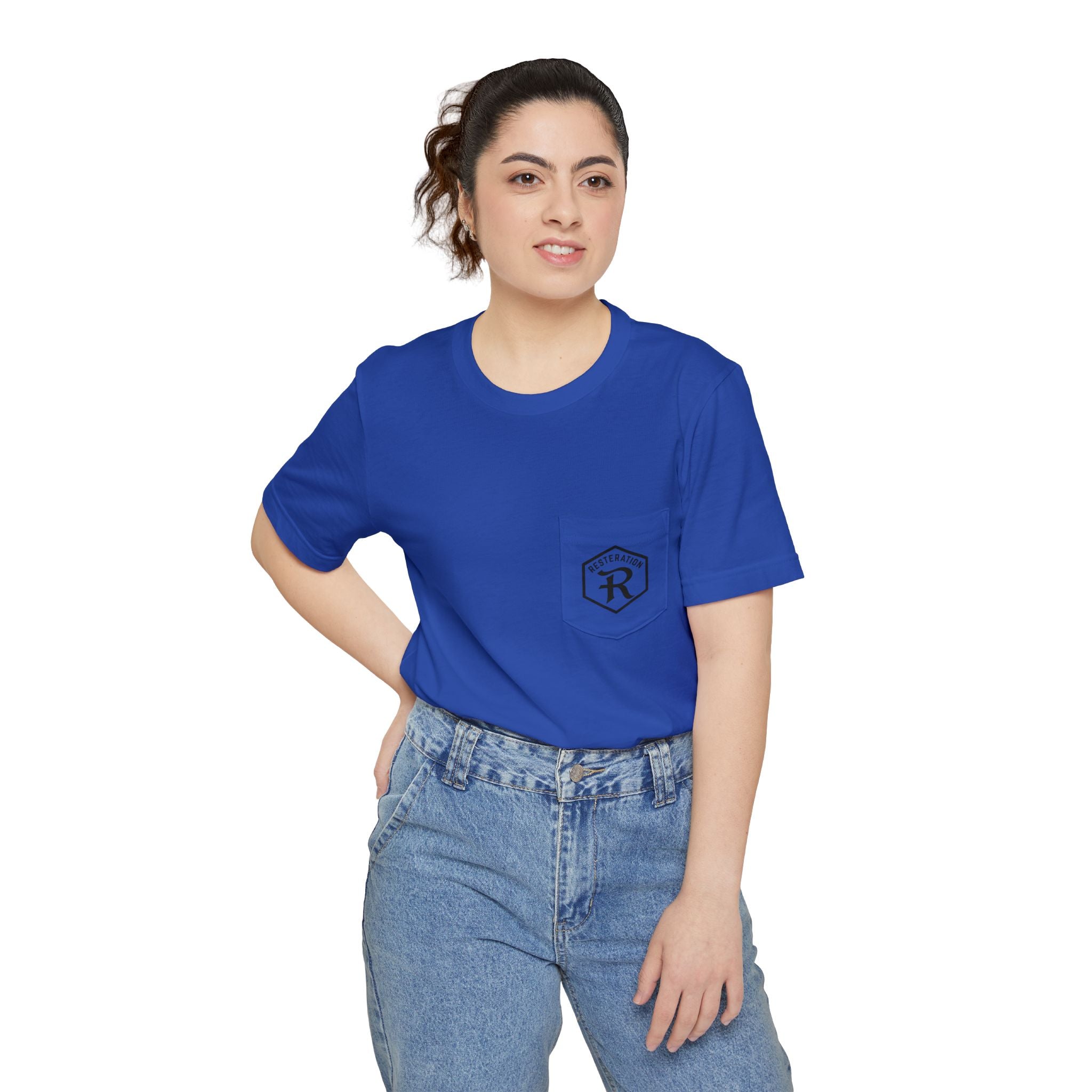 Christian Cross Pocket T-Shirt — Three Crosses Scenic Back Print