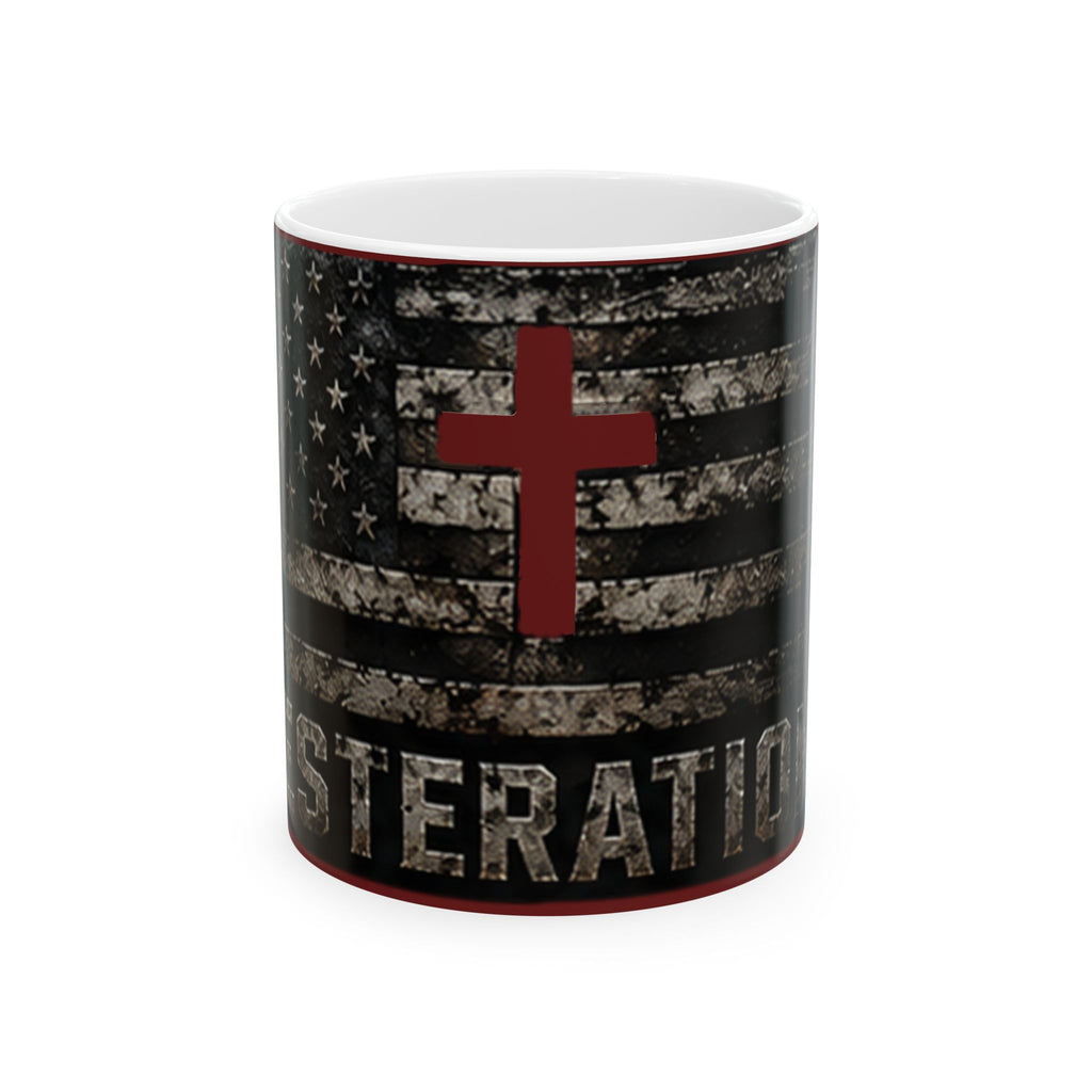 RESTERATION Faith & Flag Ceramic Mug — Christian Cross Coffee Cup | 11oz & 15oz