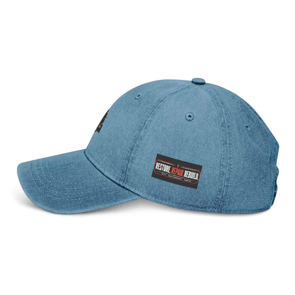 Distressed Cross Embroidered, Phil 4:13 Denim Hat — Vintage Christian Baseball Cap - RESTERATION