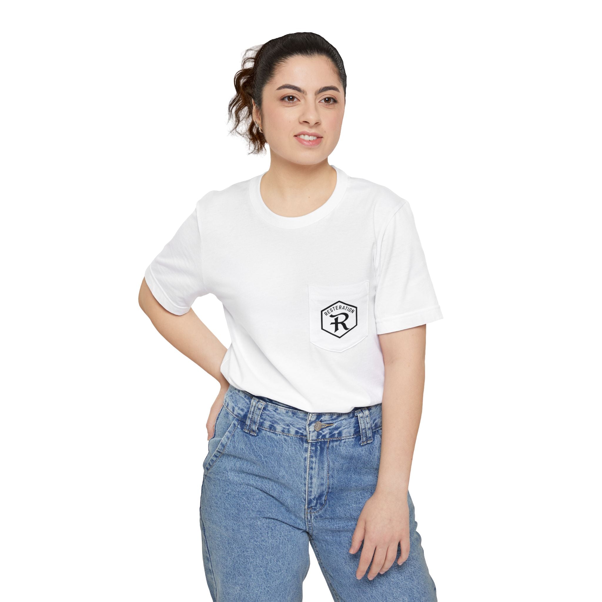 Christian Cross Pocket T-Shirt — Three Crosses Scenic Back Print